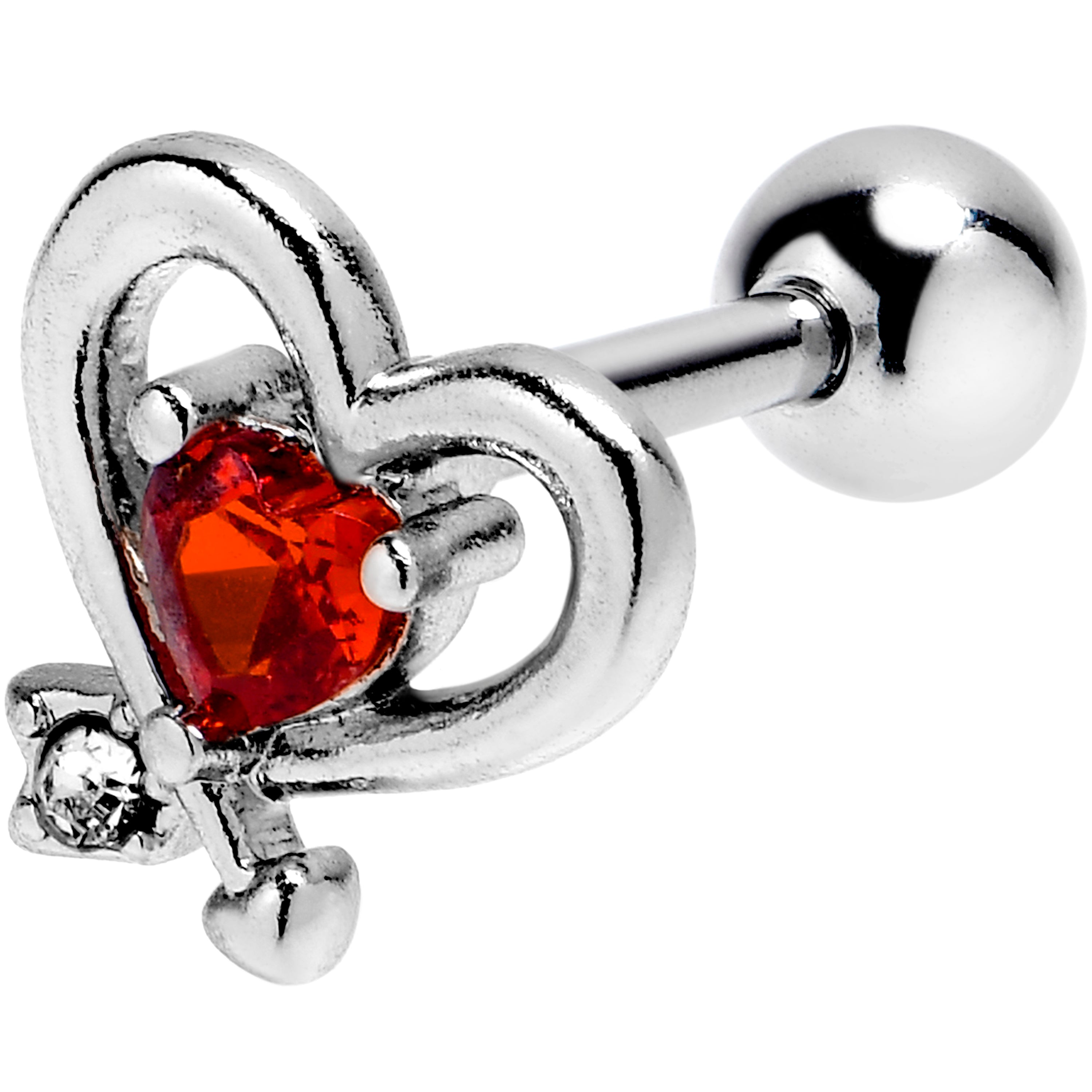 16G 1/4 Red CZ Gem Wrapped In Heart Cartilage Tragus Earring