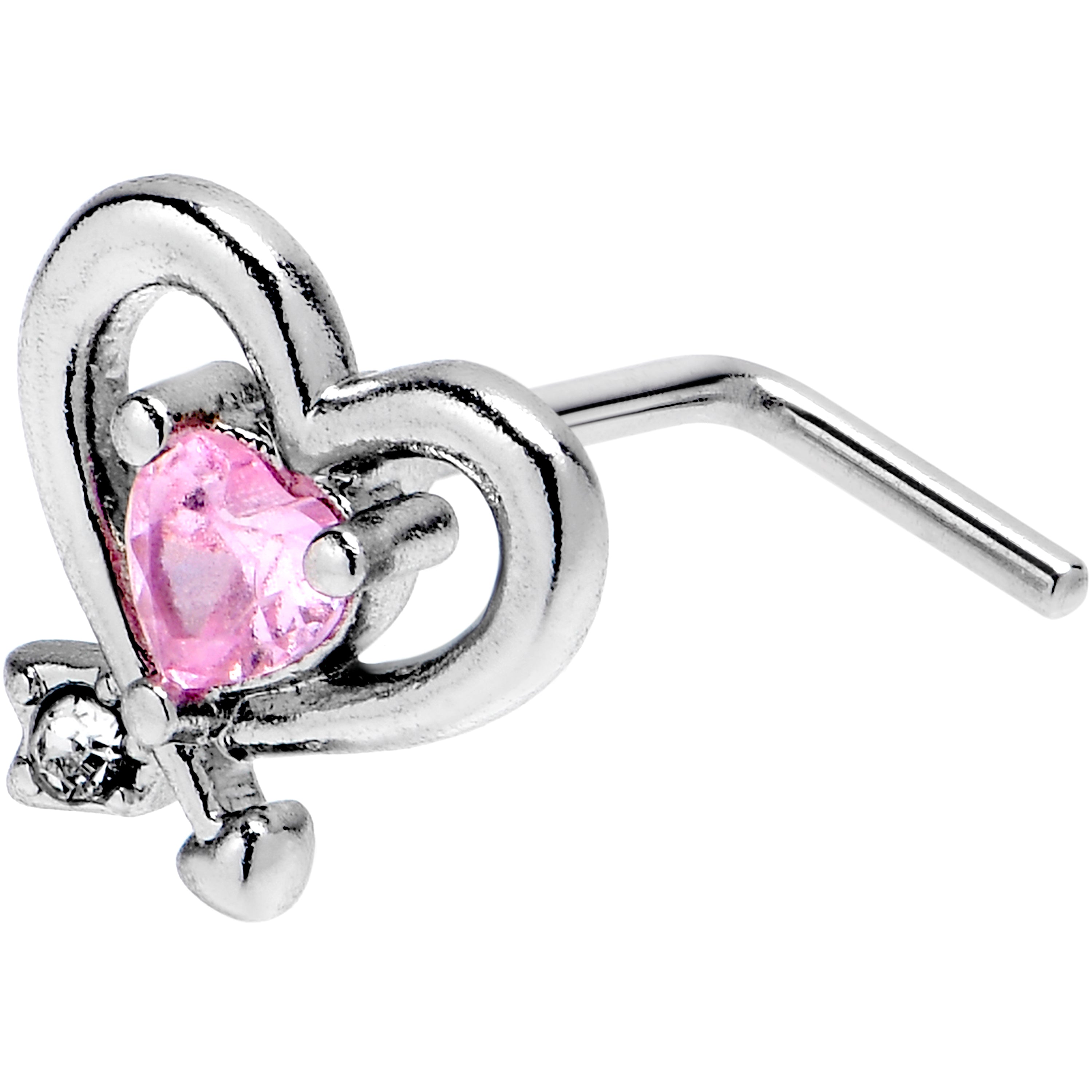 20G 7mm Pink CZ Gem Wrapped In Heart L Shape Nose Ring