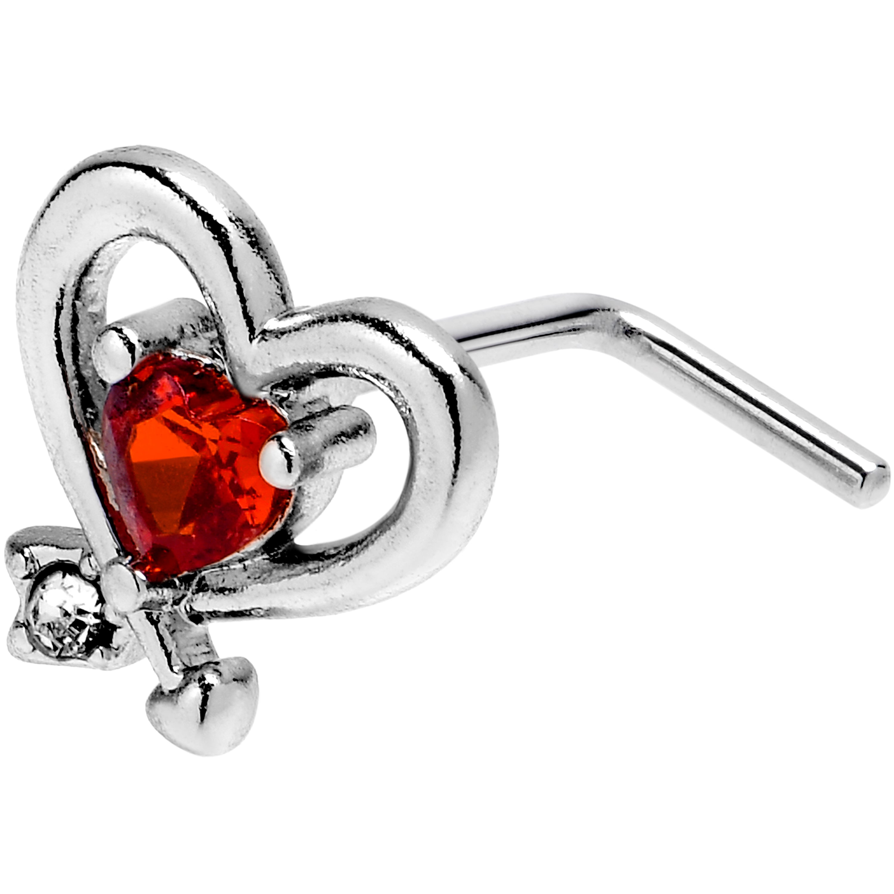 20G 7mm Red CZ Gem Wrapped In Heart L Shape Nose Ring