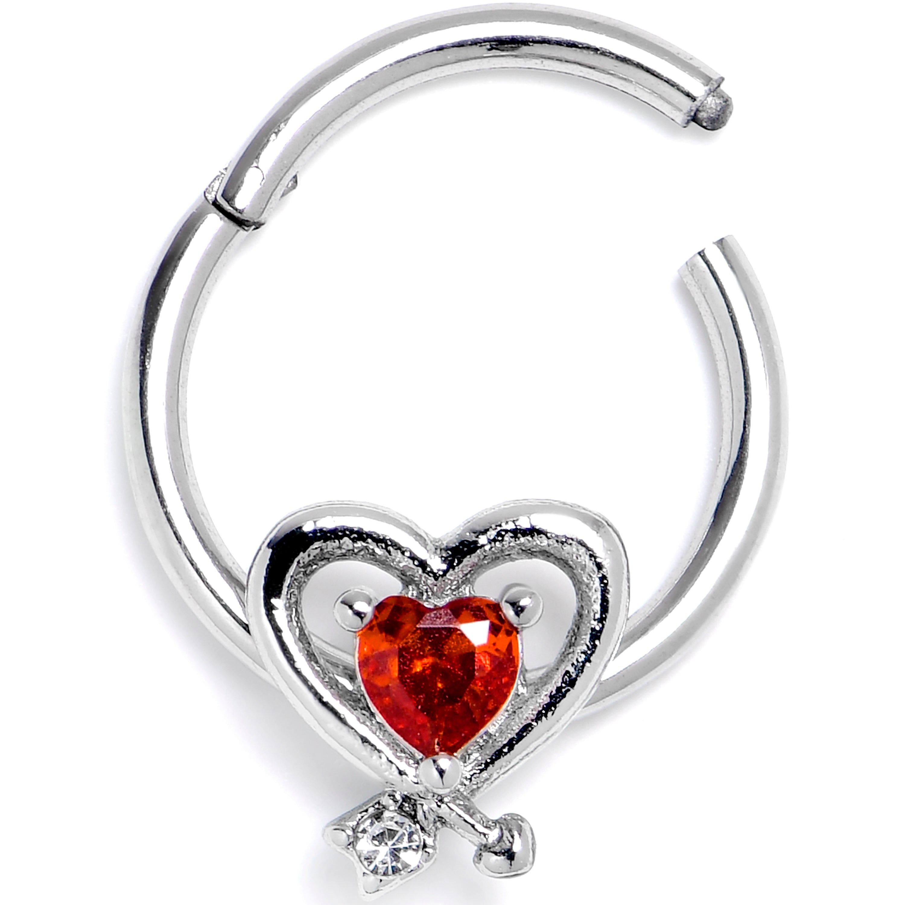 16G 3/8 Red CZ Gem Wrapped In Heart Hinged Segment Ring