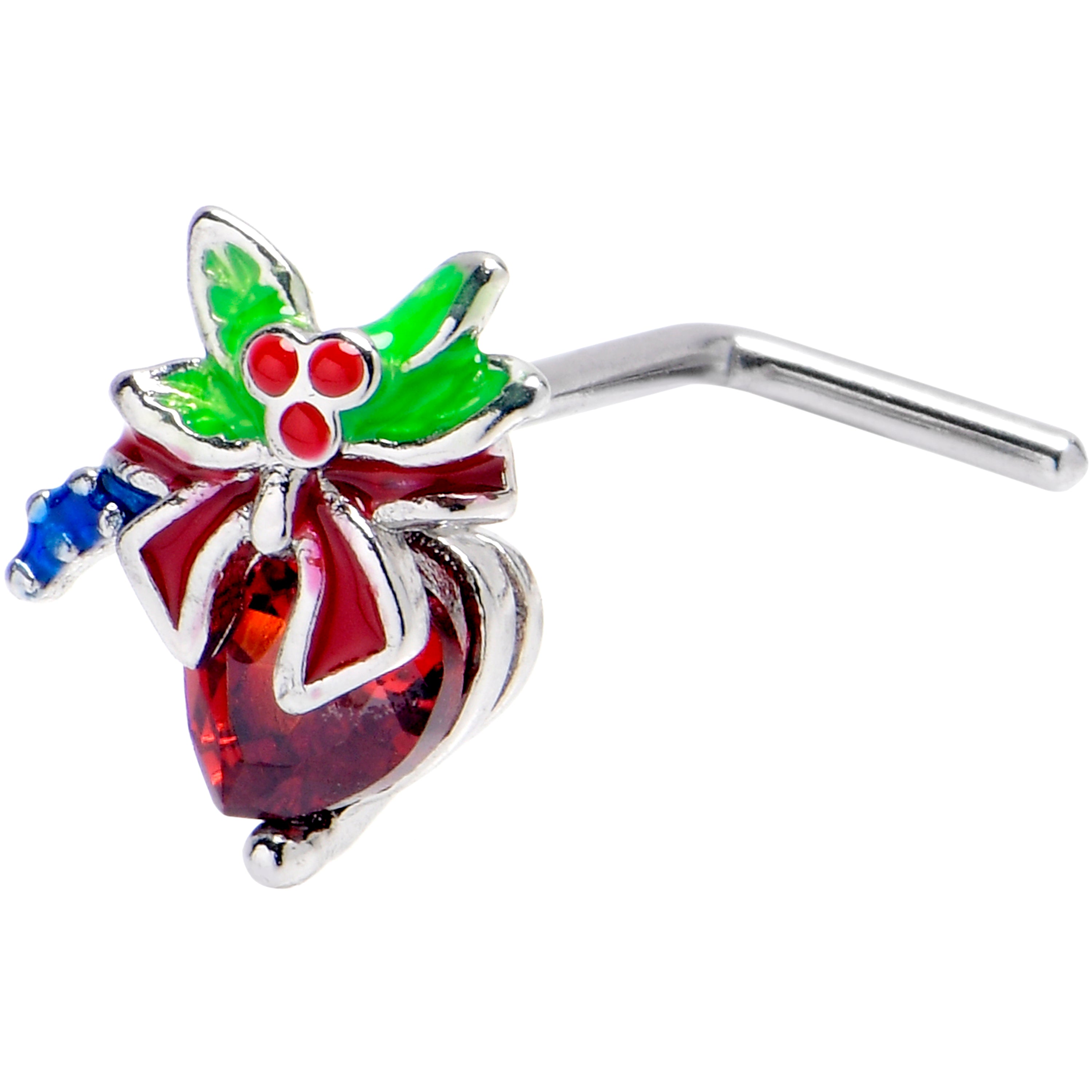 20G 7mm Red Gem Festive Holiday Ornament L Shape Nose Ring