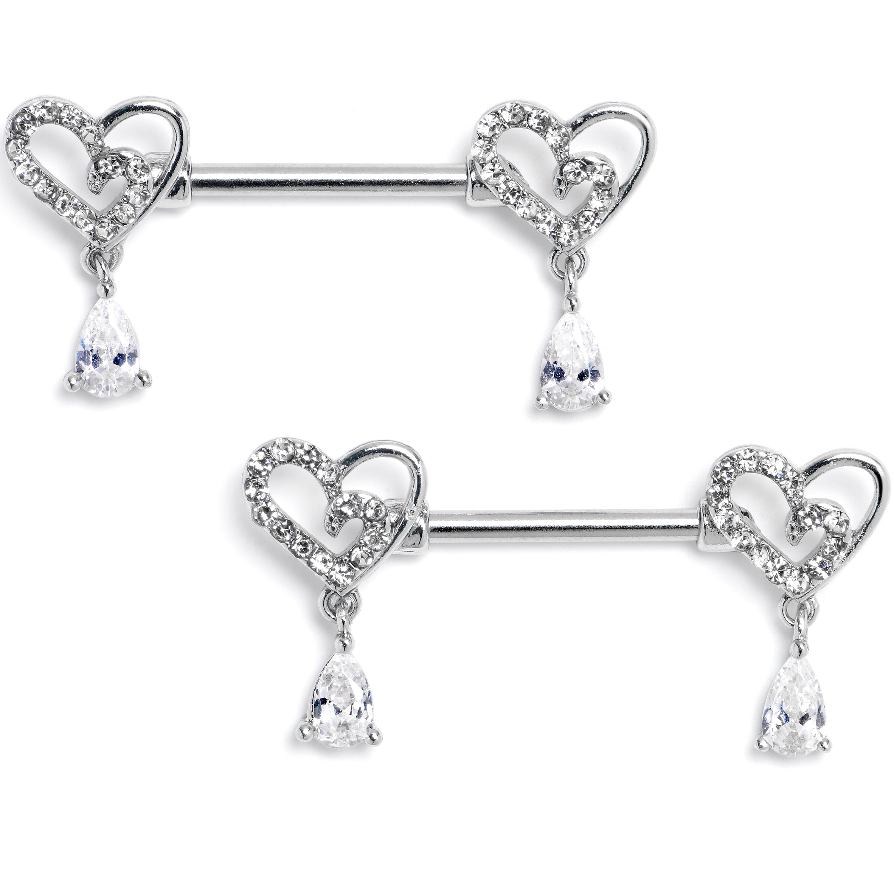 14G 9/16 Clear CZ Gem Asymmetrical Heart Dangle Nipple Ring Set