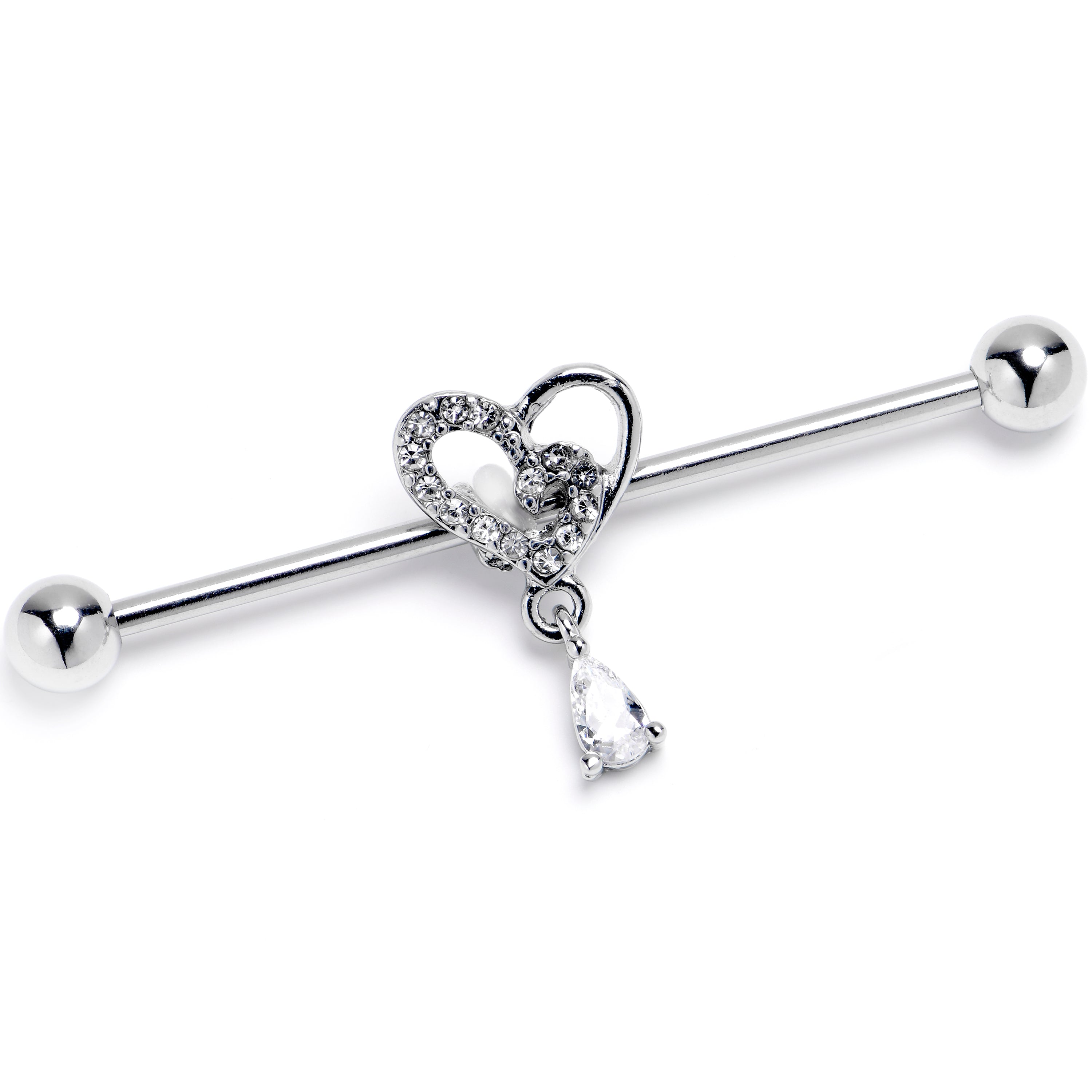 14G Clear CZ Gem Asymmetrical Heart Dangle Industrial Barbell 38mm