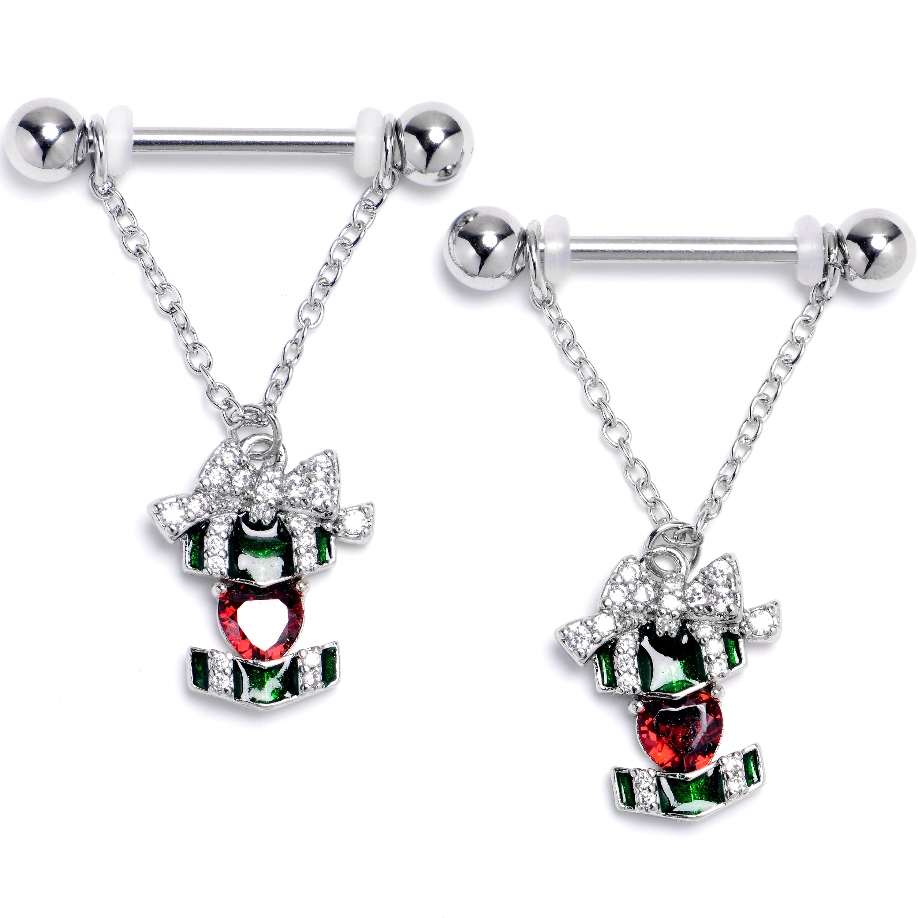 14G 9/16 Red Green Gem Holiday Abstract Heart Dangle Nipple Ring Set