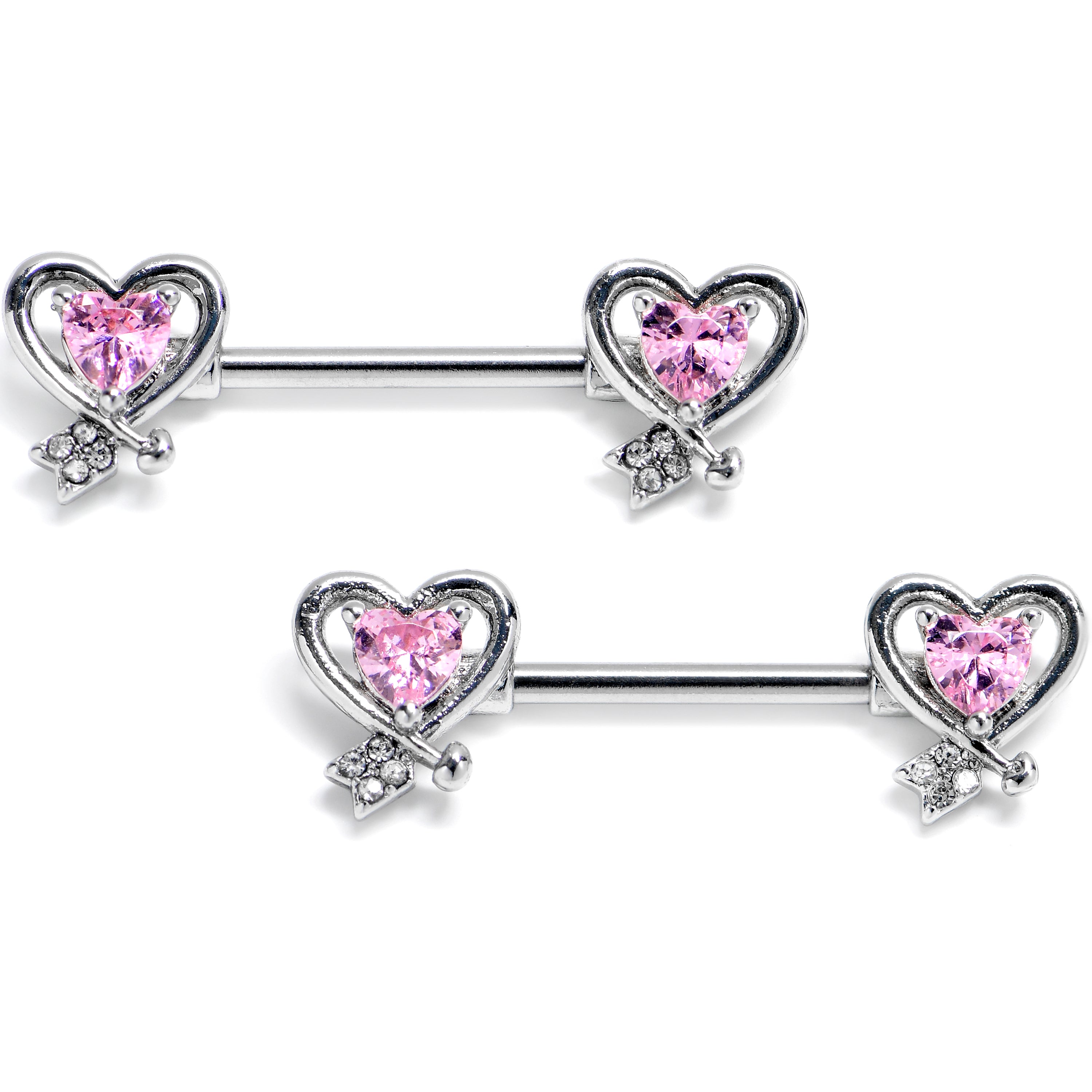 14G 9/16 Pink CZ Gem Wrapped In Heart Barbell Nipple Ring Set
