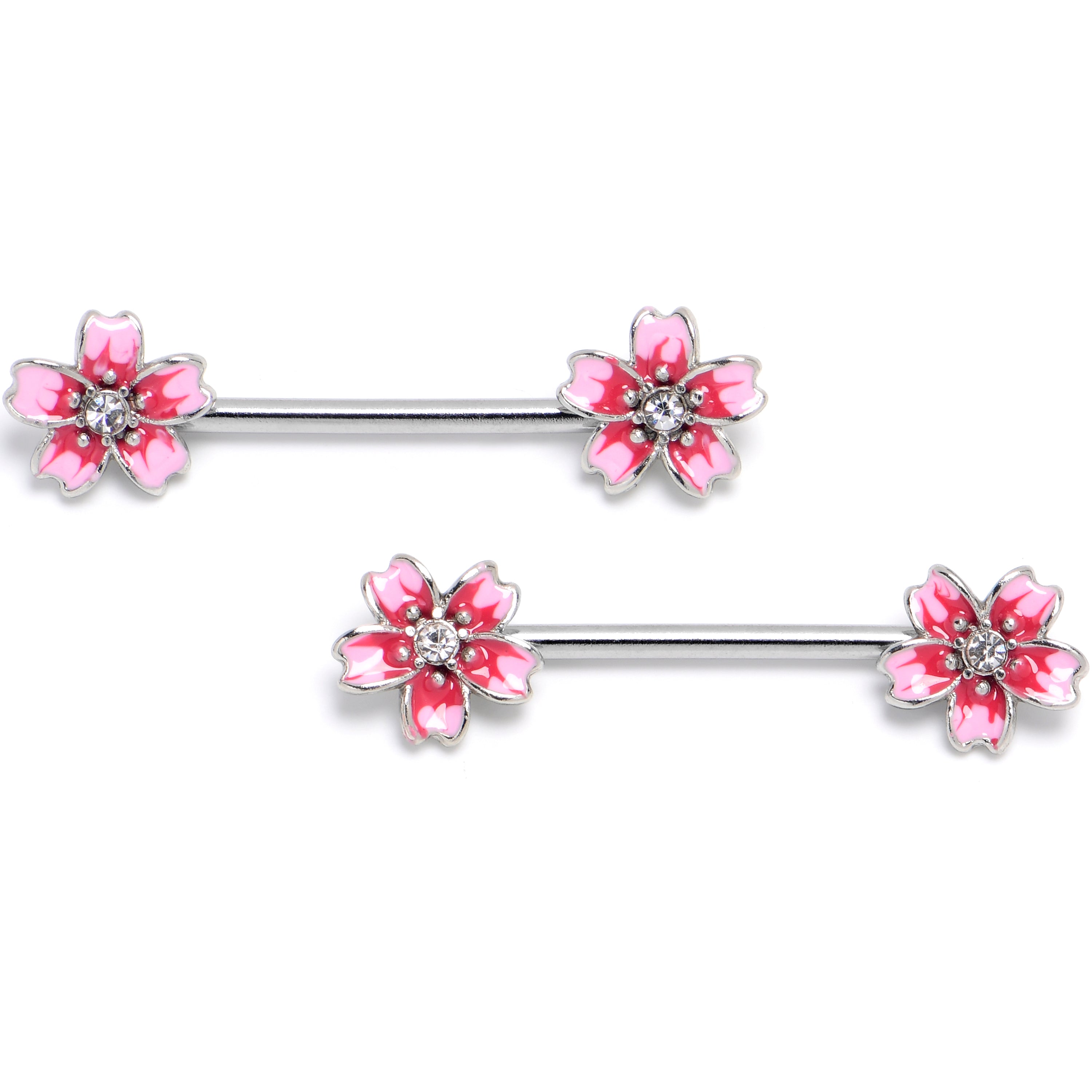 14G 9/16 Clear Gem Perfect Pink Flower Barbell Nipple Ring Set