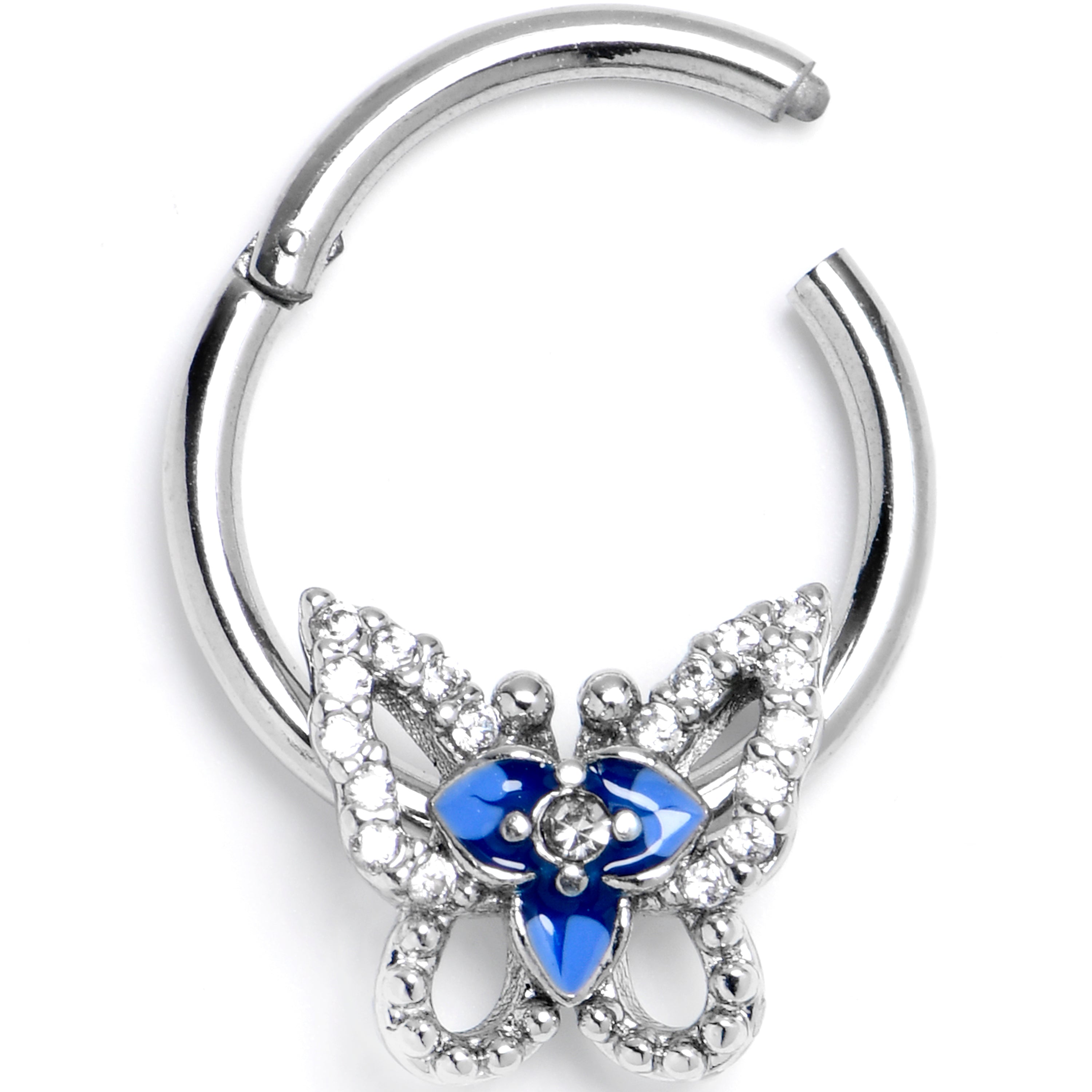 16G 3/8 Clear Gem Fabulous Butterfly Blue Hinged Segment Ring