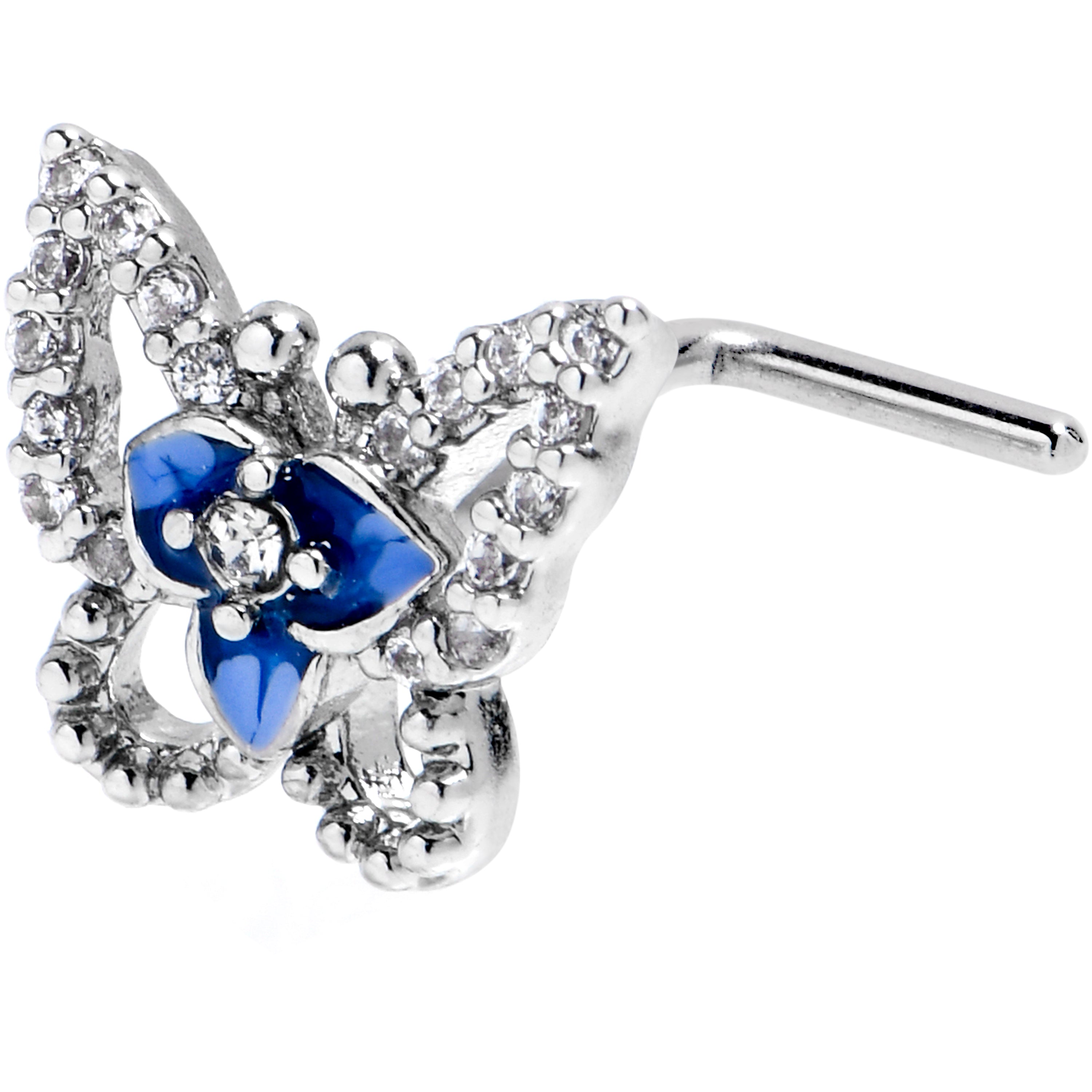 20G 7mm Clear Gem Fabulous Butterfly Blue L Shape Nose Ring