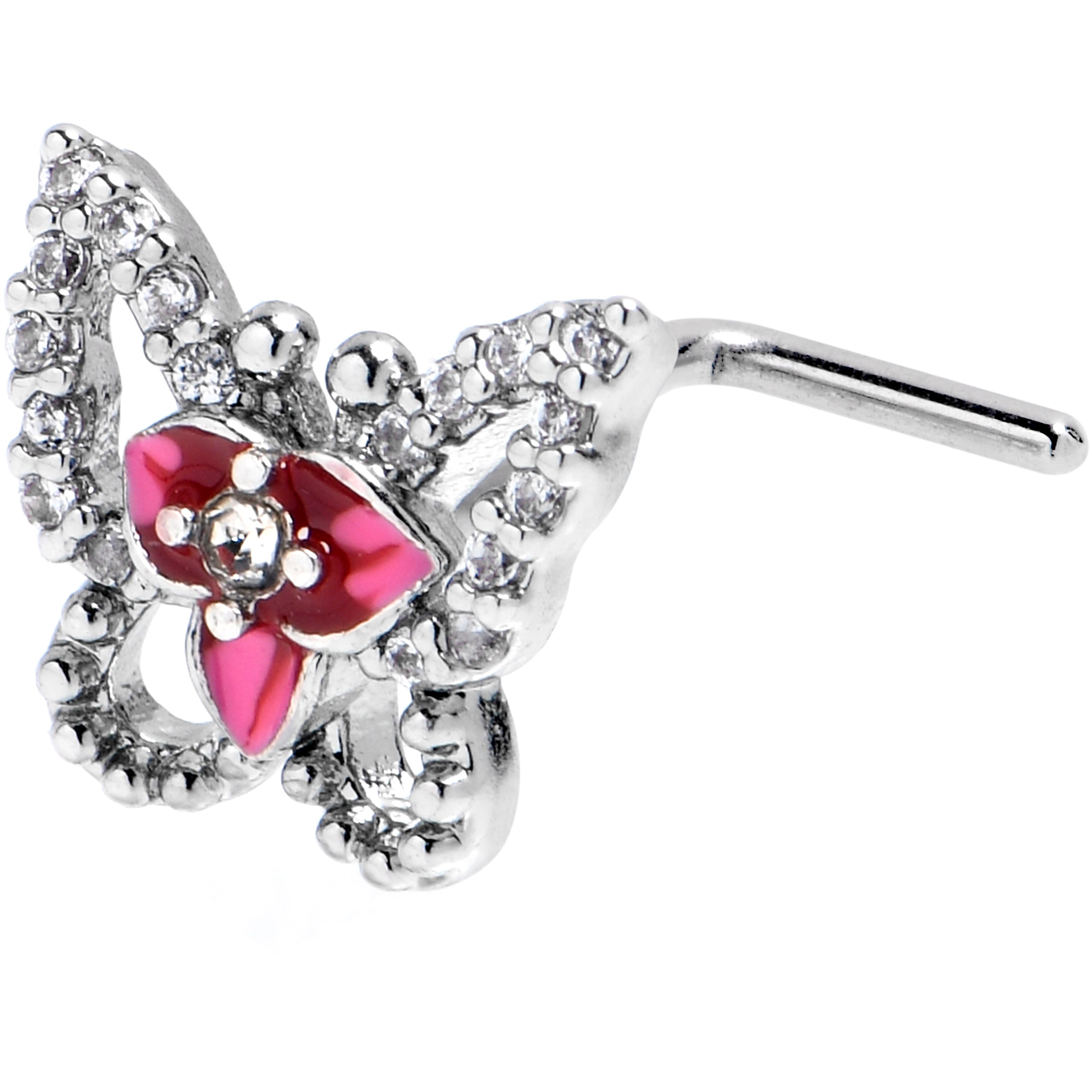 20G 7mm Clear Gem Fabulous Butterfly Pink L Shape Nose Ring
