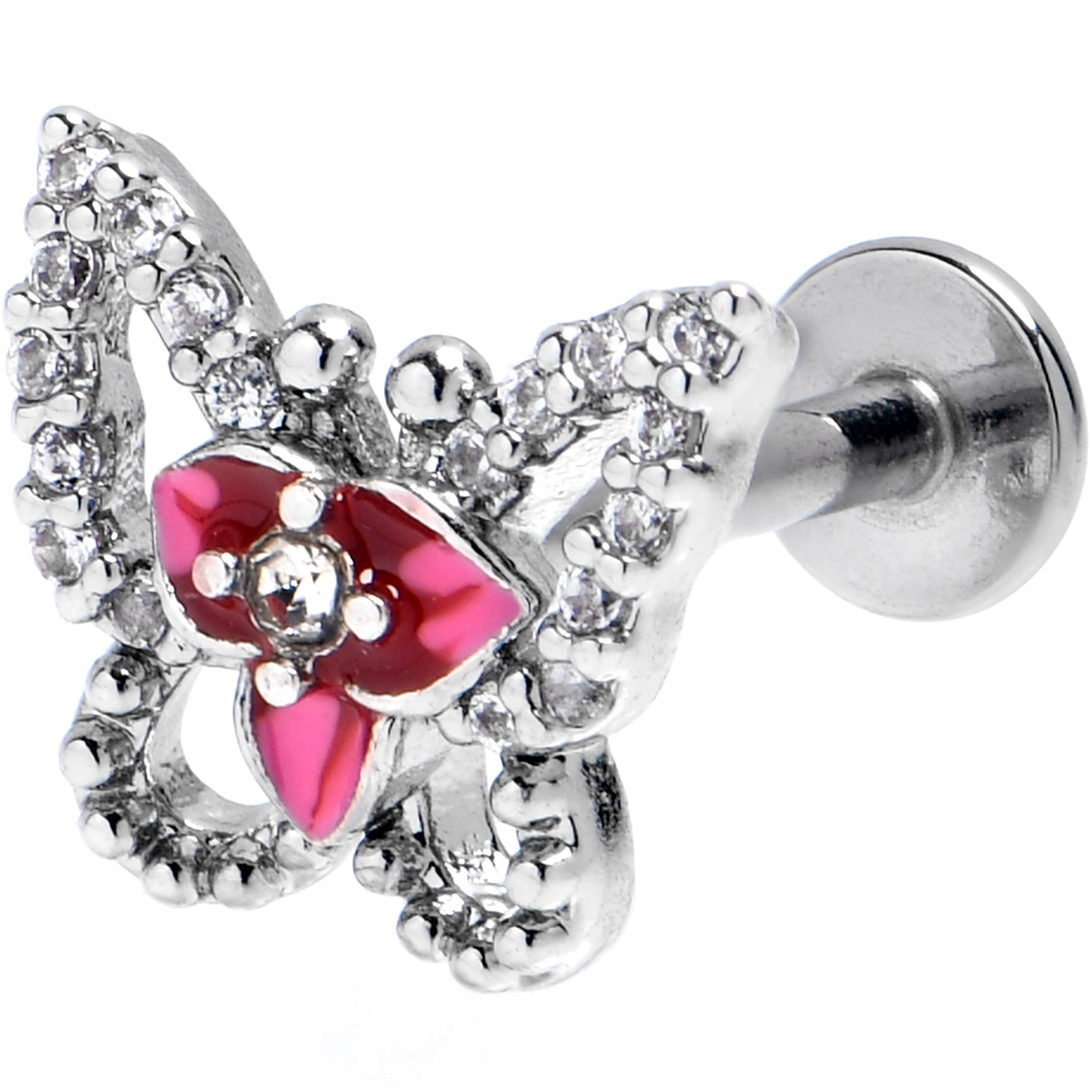 16G 5/16 Clear Gem Fabulous Butterfly Pink Labret Monroe Tragus