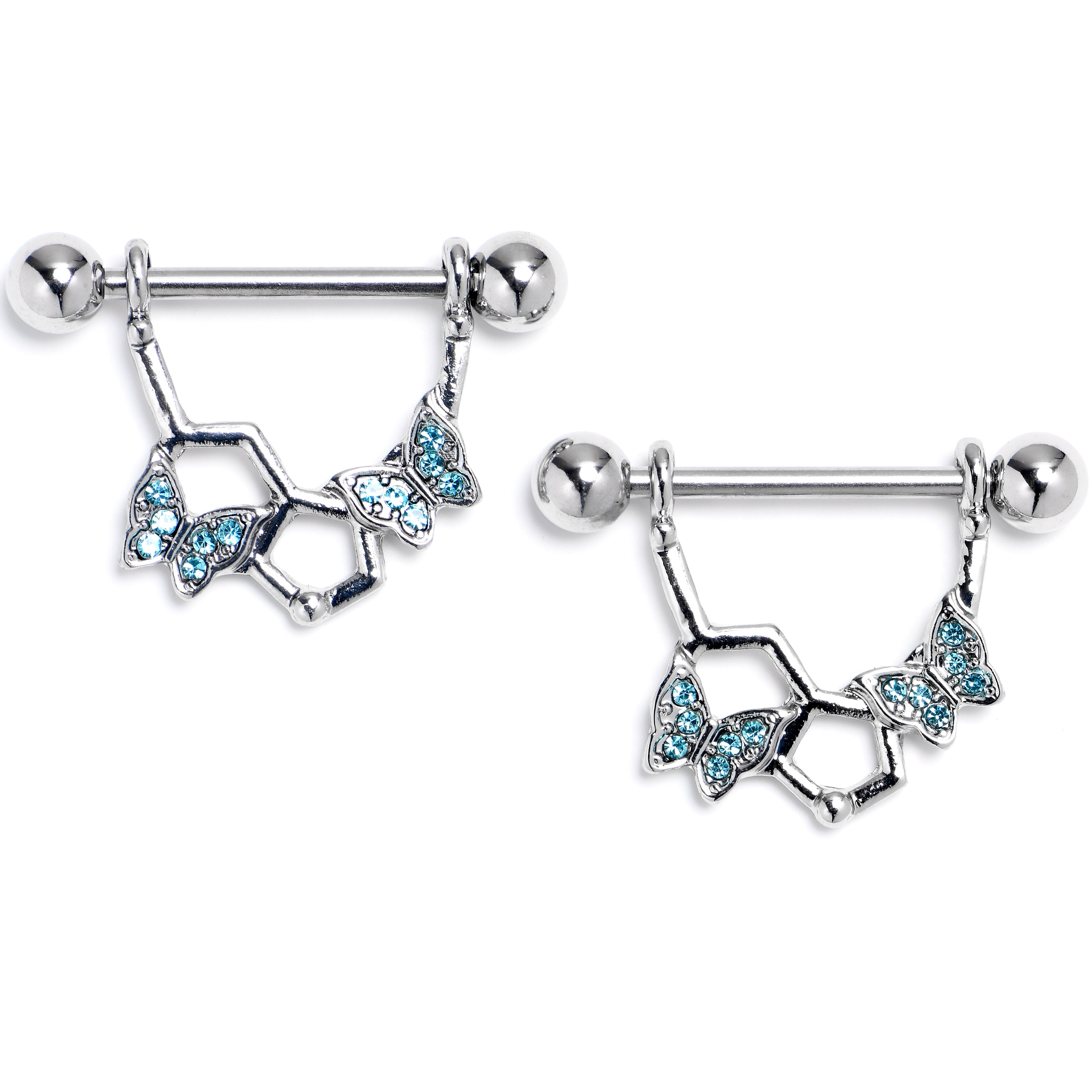 14G 9/16 Blue Gem Hexagon Butterfly Dangle Nipple Ring Set