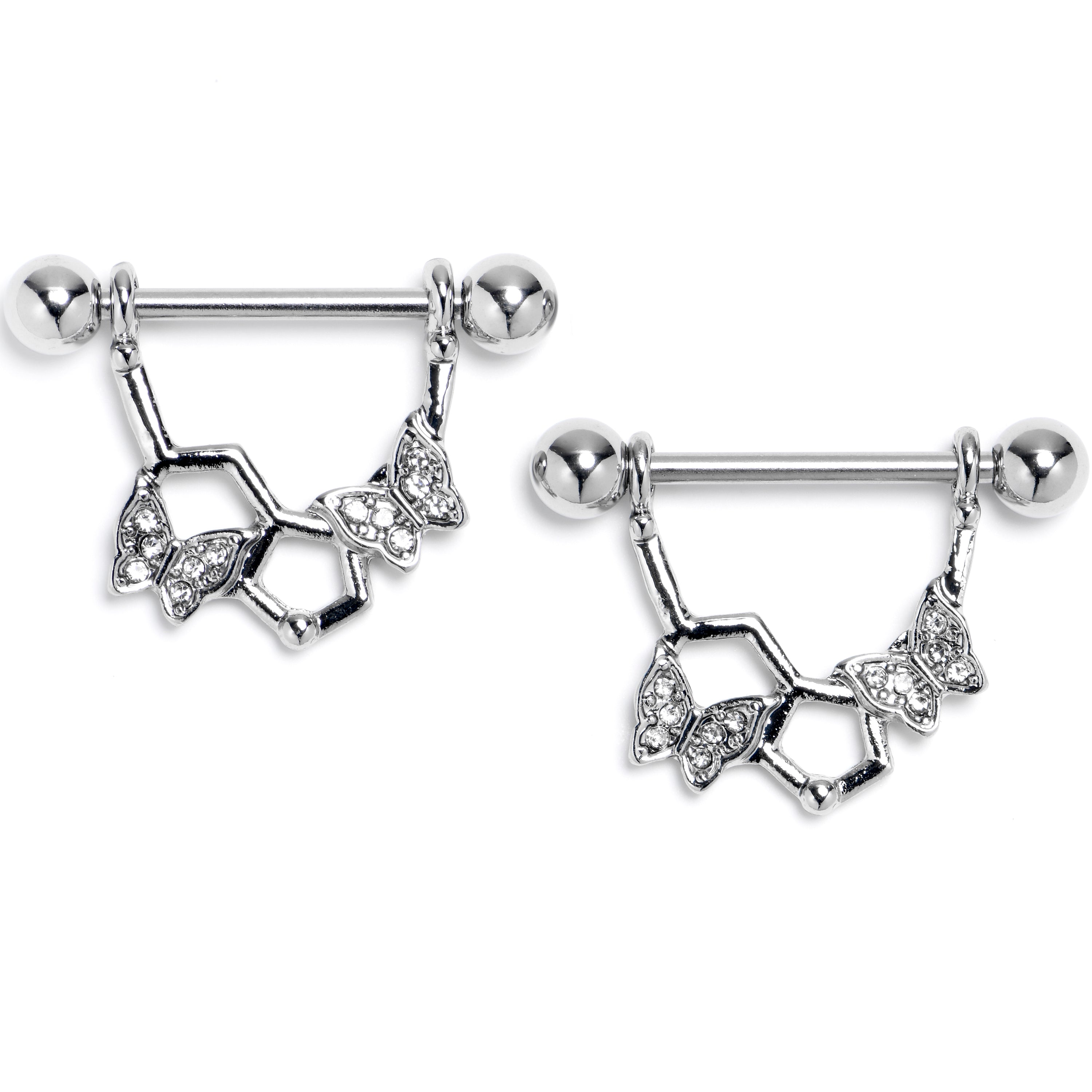 14G 9/16 Clear Gem Hexagon Butterfly Dangle Nipple Ring Set