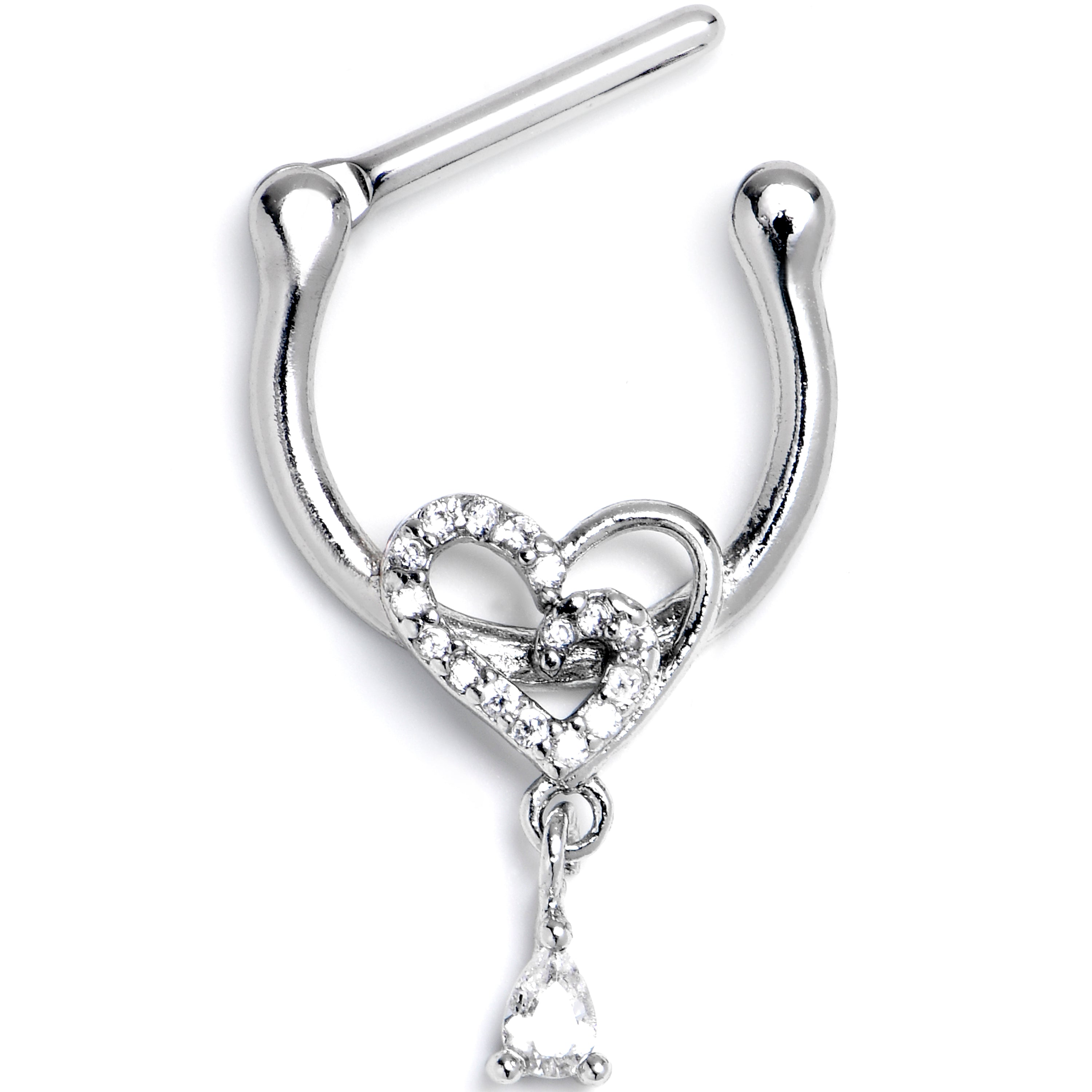 16G 5/16 Clear CZ Gem Asymmetrical Heart Dangle Cartilage Clicker