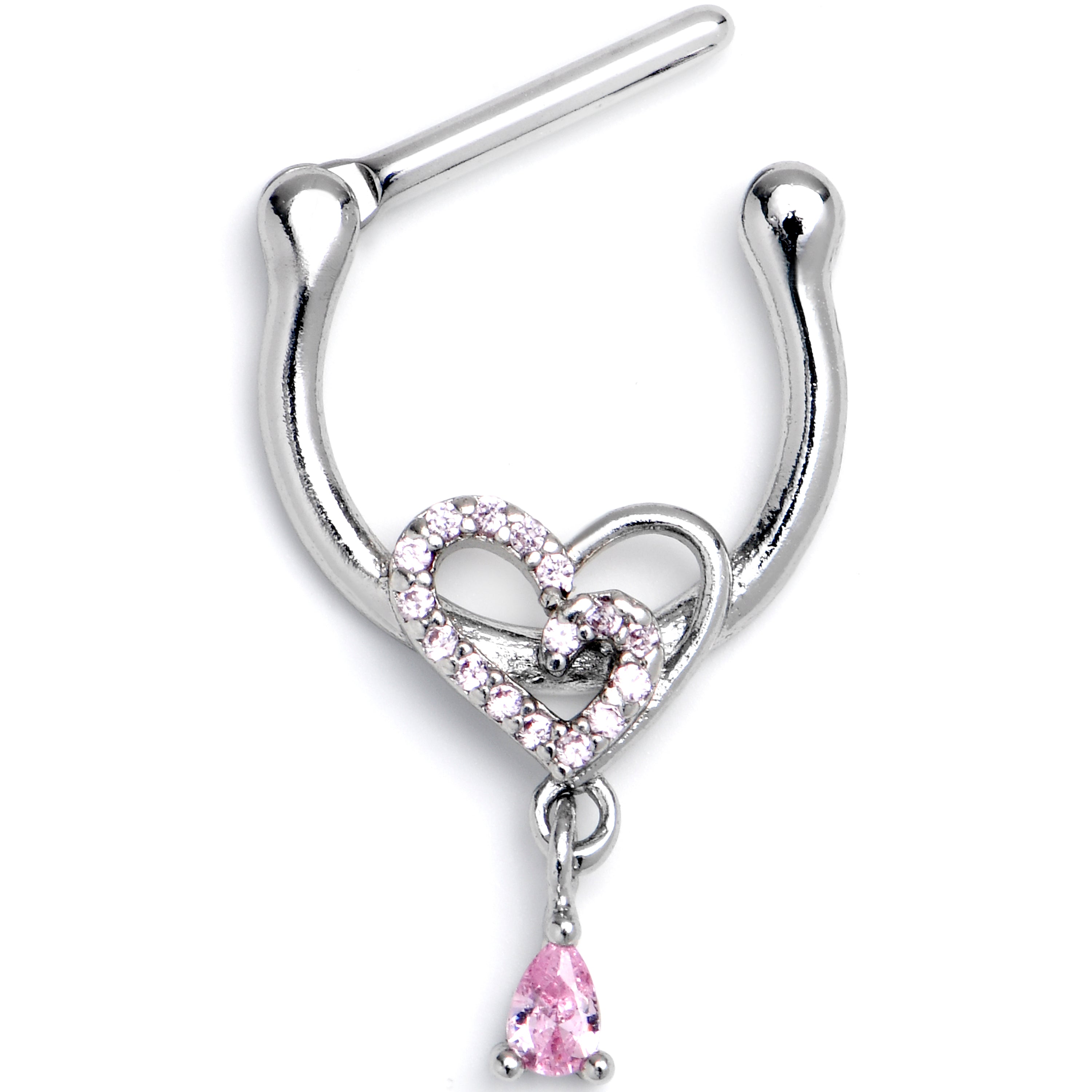 16G 5/16 Pink CZ Gem Asymmetrical Heart Dangle Cartilage Clicker