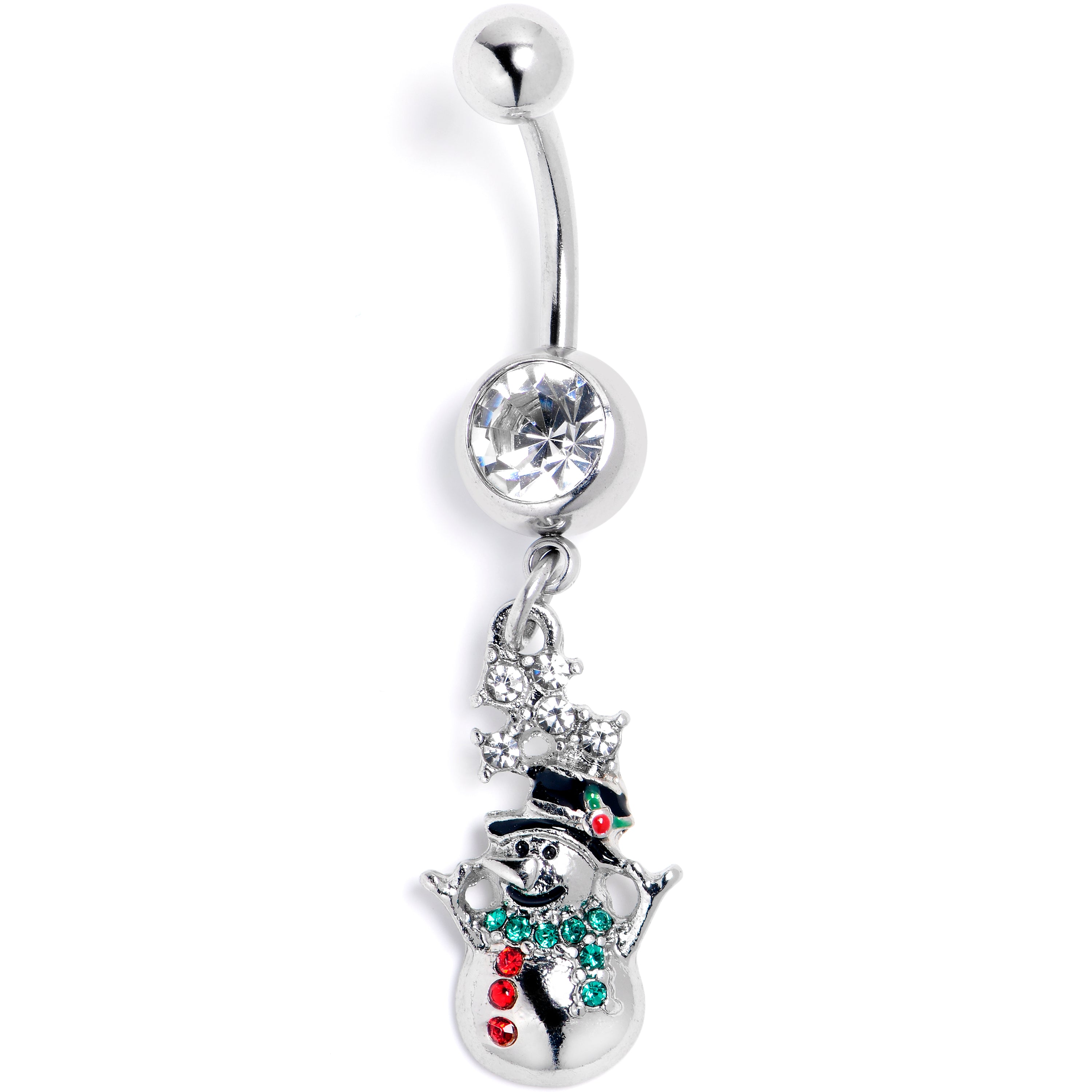 Red Clear Green Gem Opulent Snowman Holiday Dangle Belly Ring