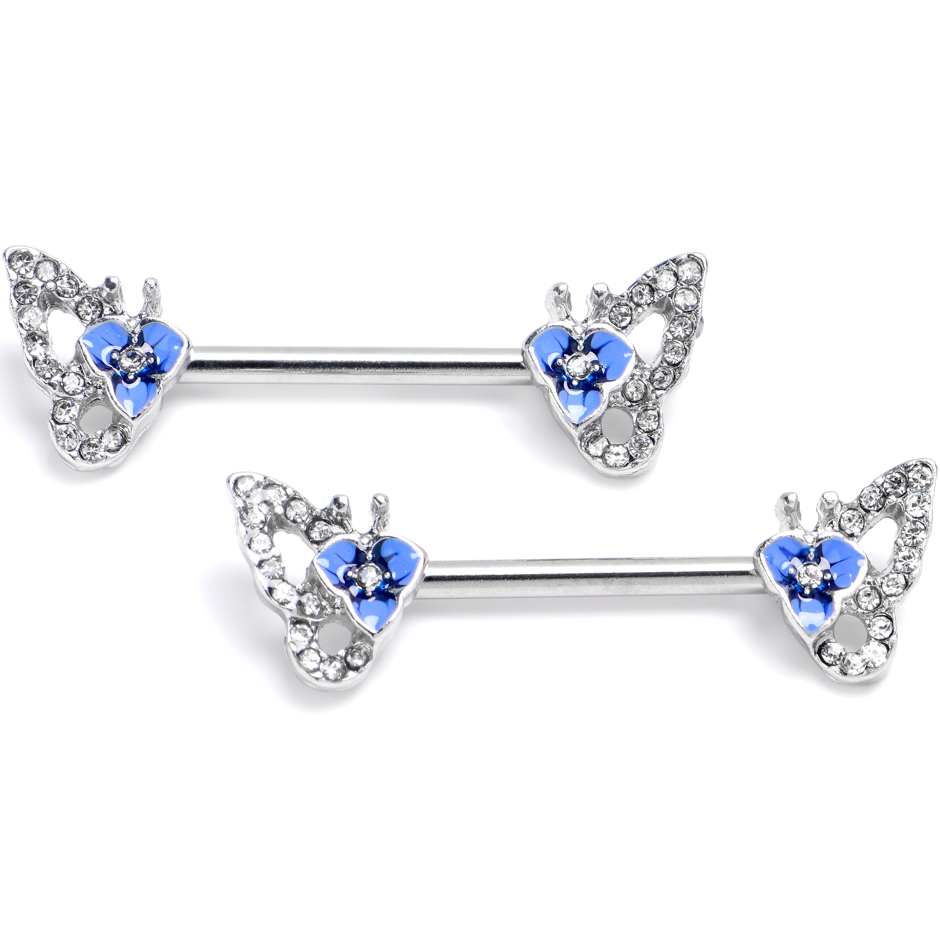14G 9/16 Clear Gem Fabulous Butterfly Blue Barbell Nipple Ring Set