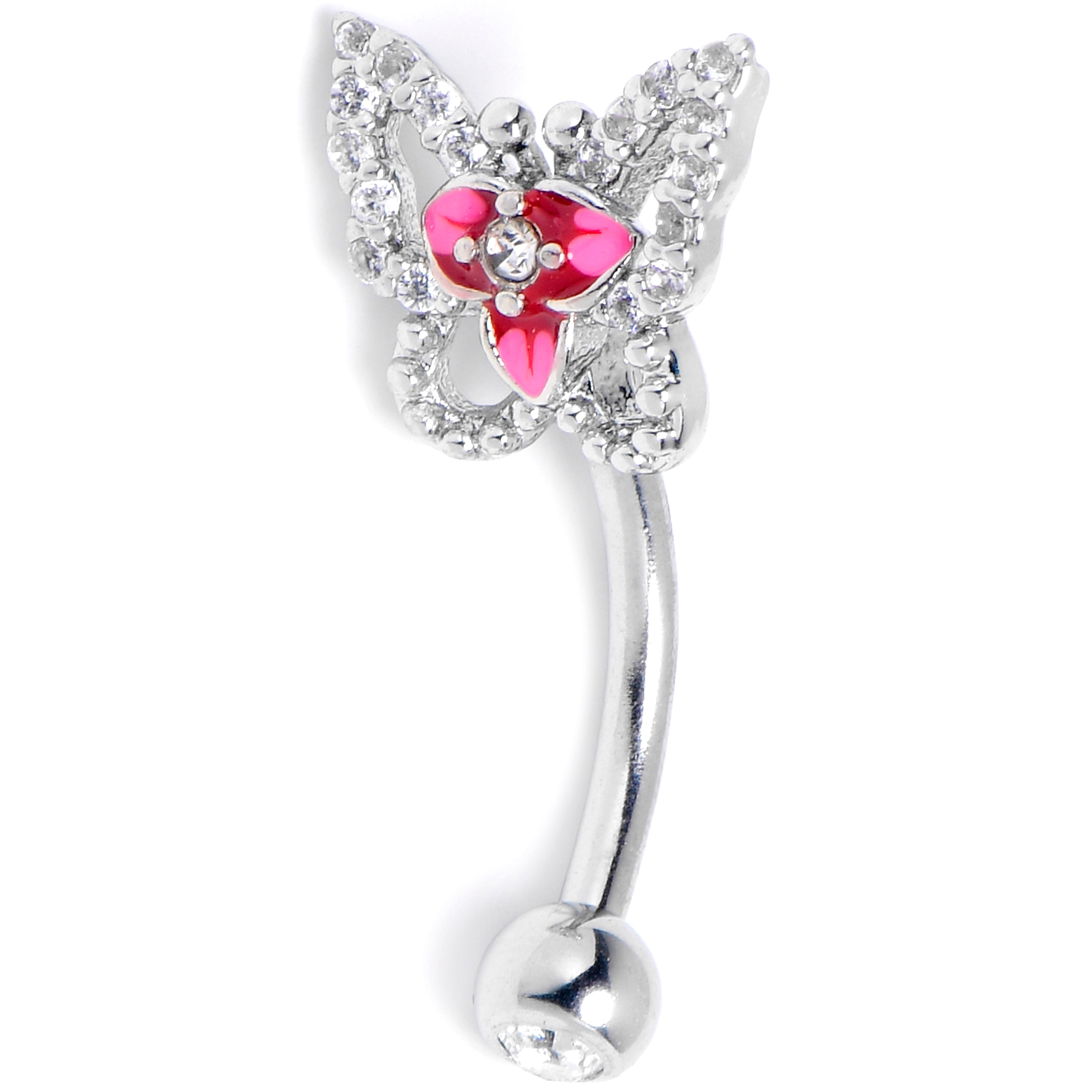 16G 5/16 Clear Gem Fabulous Butterfly Pink Curved Eyebrow Ring