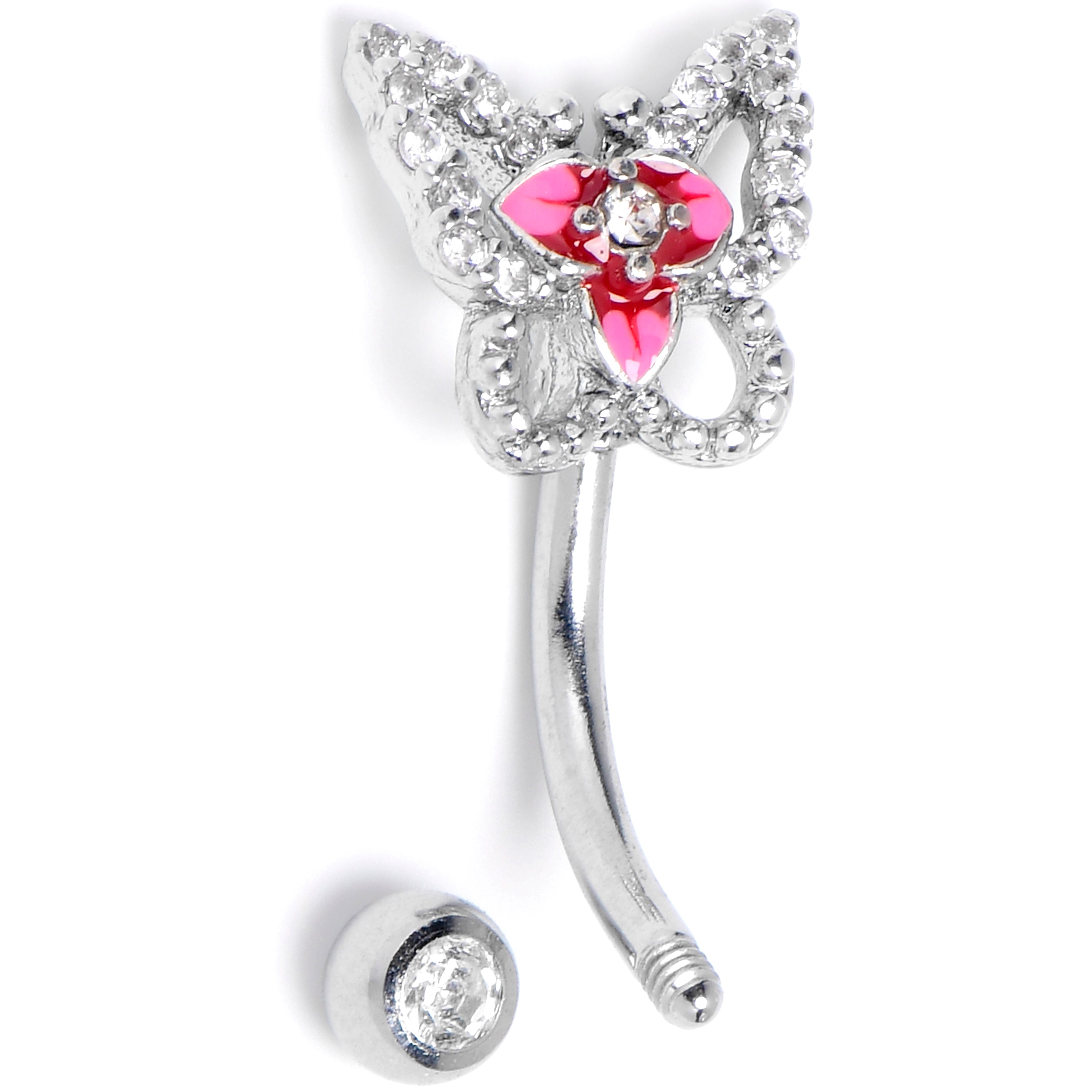 16G 5/16 Clear Gem Fabulous Butterfly Pink Curved Eyebrow Ring
