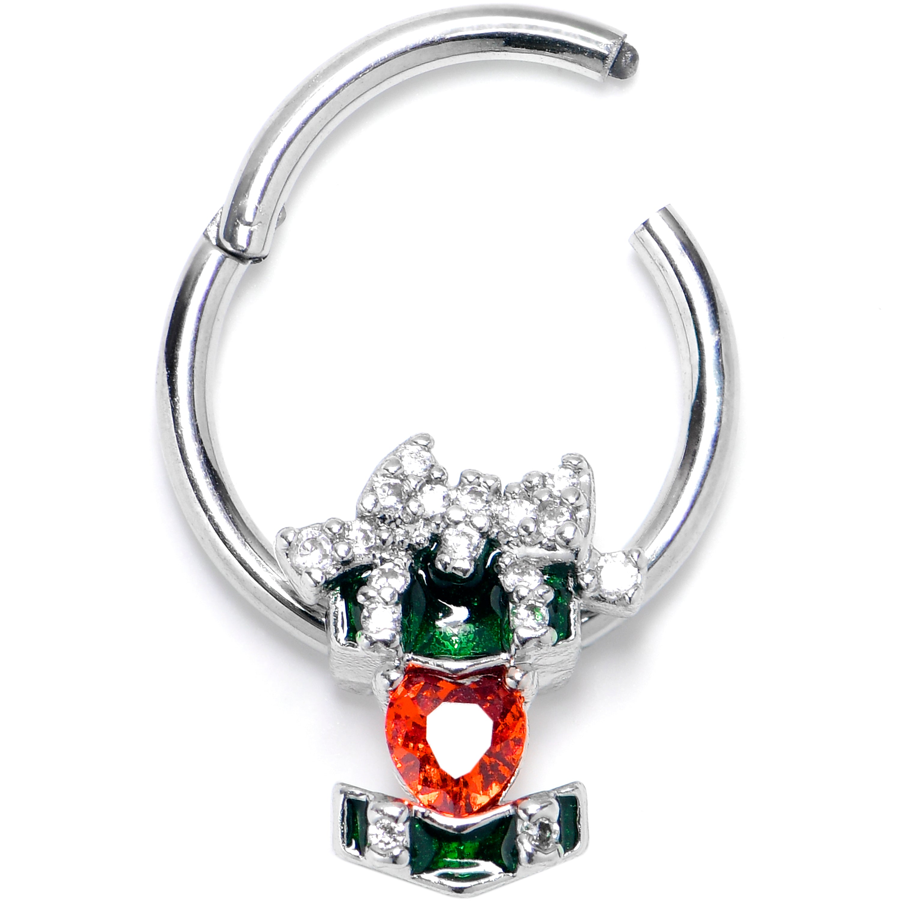 16G 3/8 Green Red Gem Holiday Abstract Heart Hinged Segment Ring