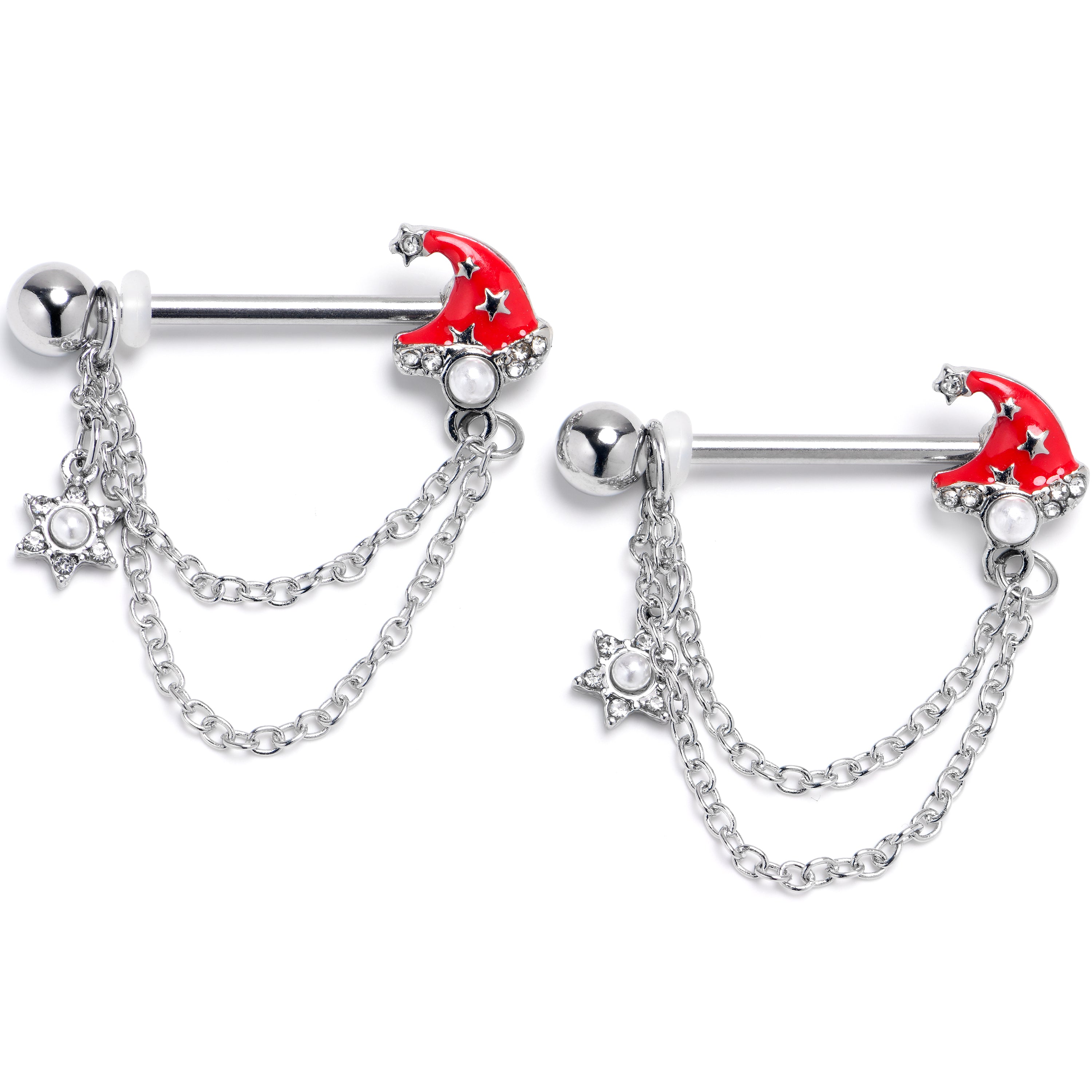 14G 9/16 Clear Gem Santa Hat Stars Red Dangle Nipple Ring Set