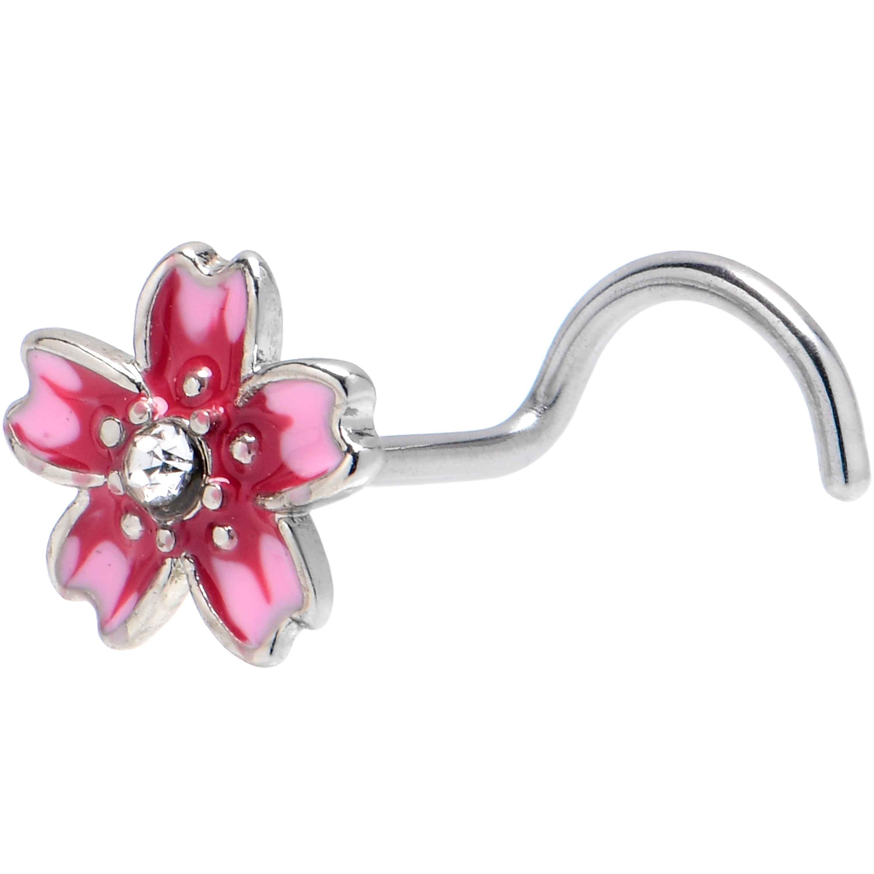 20G 7mm Clear Gem Perfect Pink Flower Left Side Nose Screw