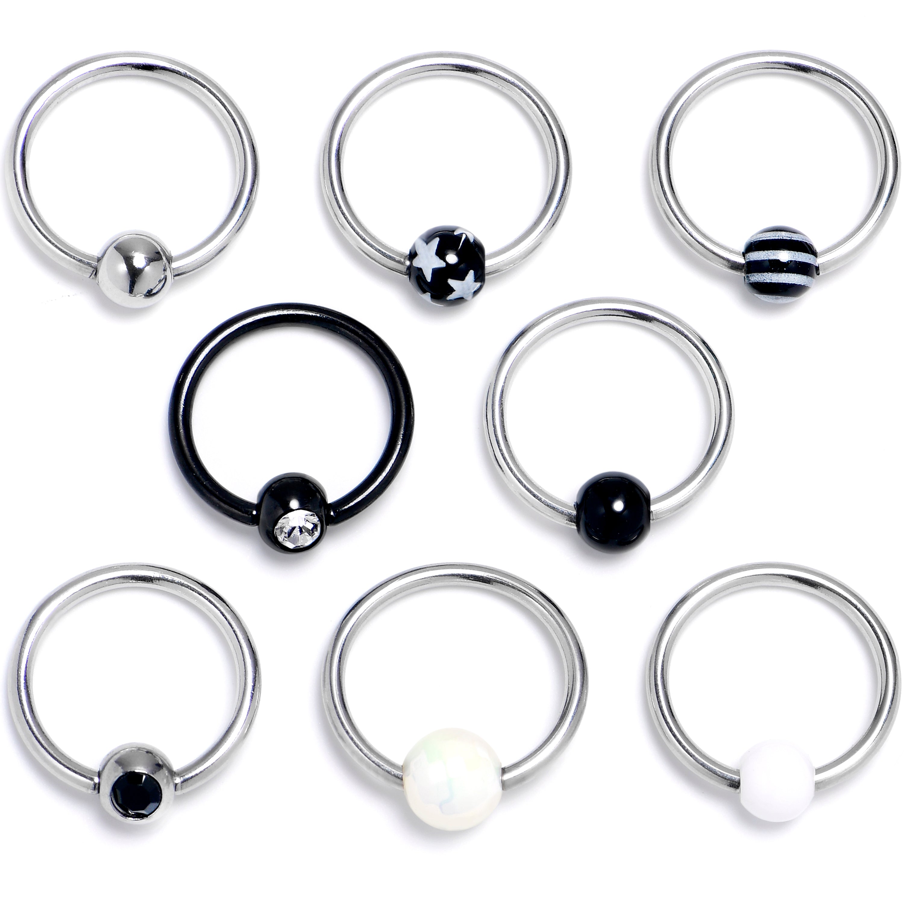16G 3/8 Clear Black Gem Mix Black White BCR Captive Ring Set of 8