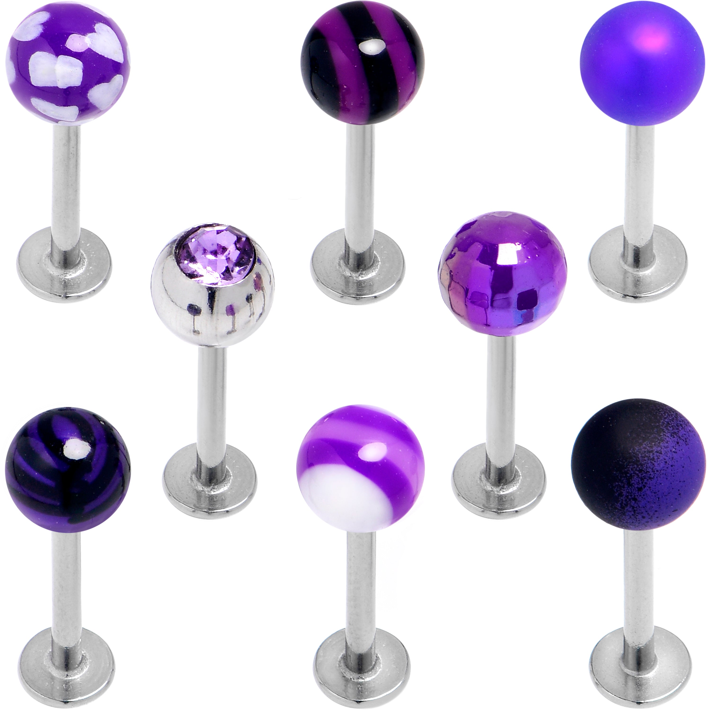16G 5/16 Purple Gem Stars Blue Labret Monroe Tragus Set of 8