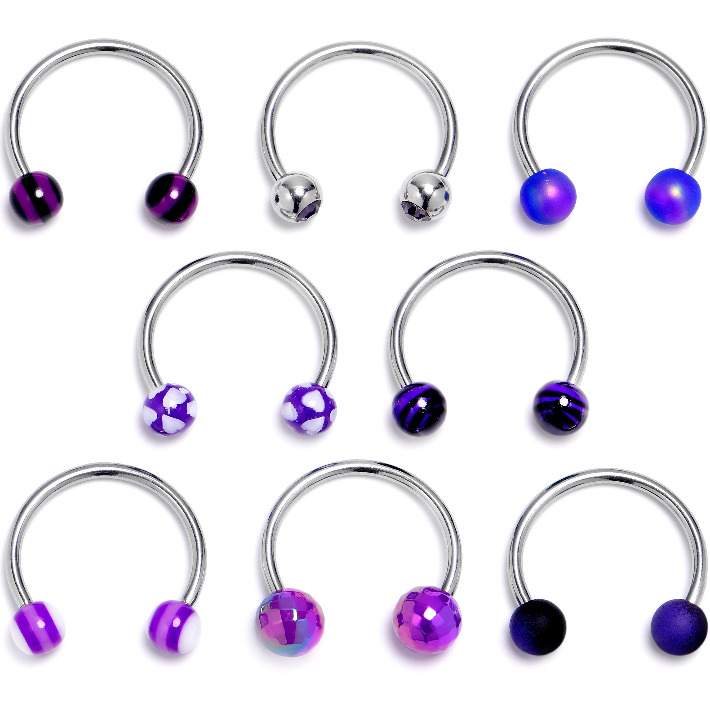 16G 3/8 Pattern Purple White Horseshoe Circular Barbell Set of 8