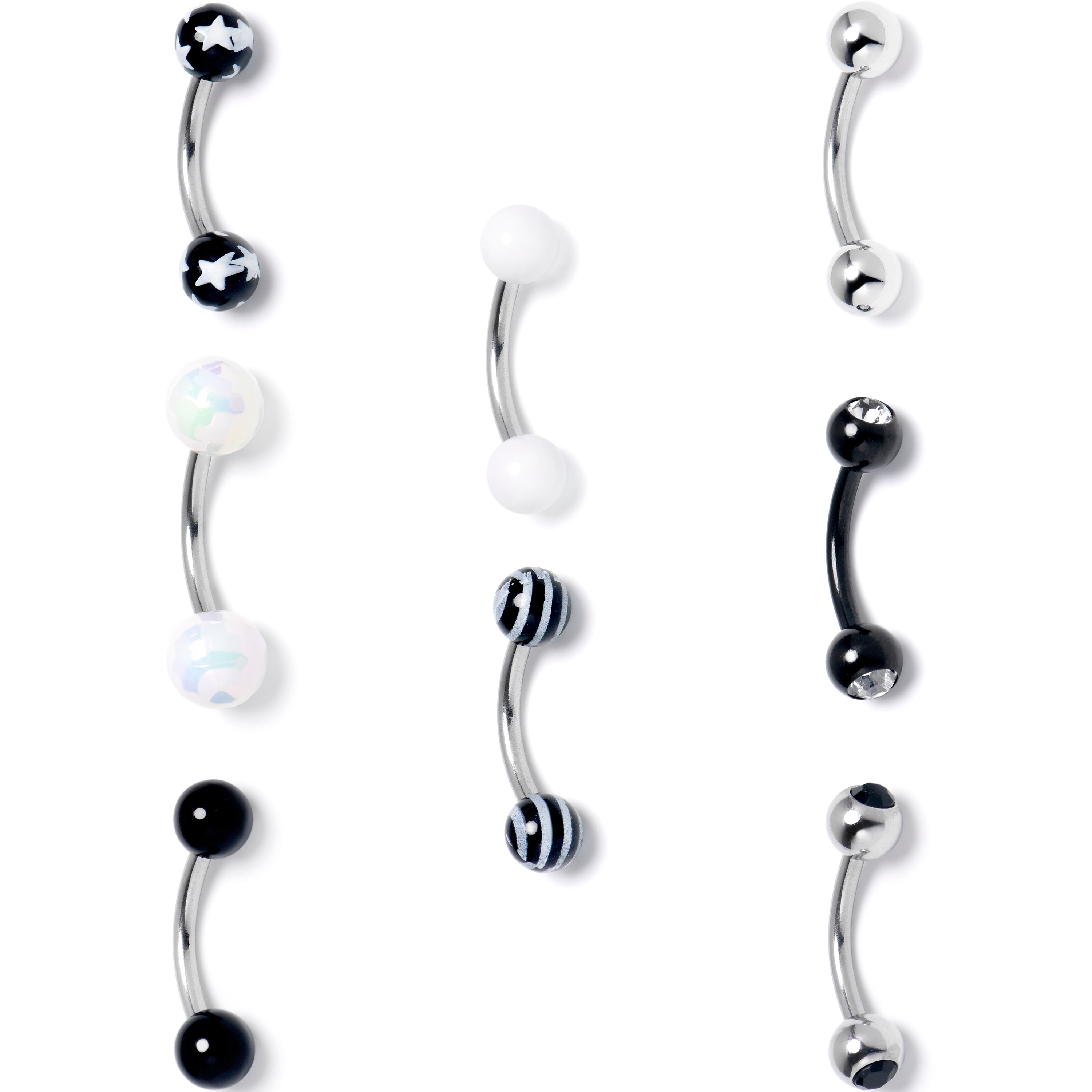 16G 5/16 Clear Gem Mix Black White Curved Eyebrow Ring Set of 8