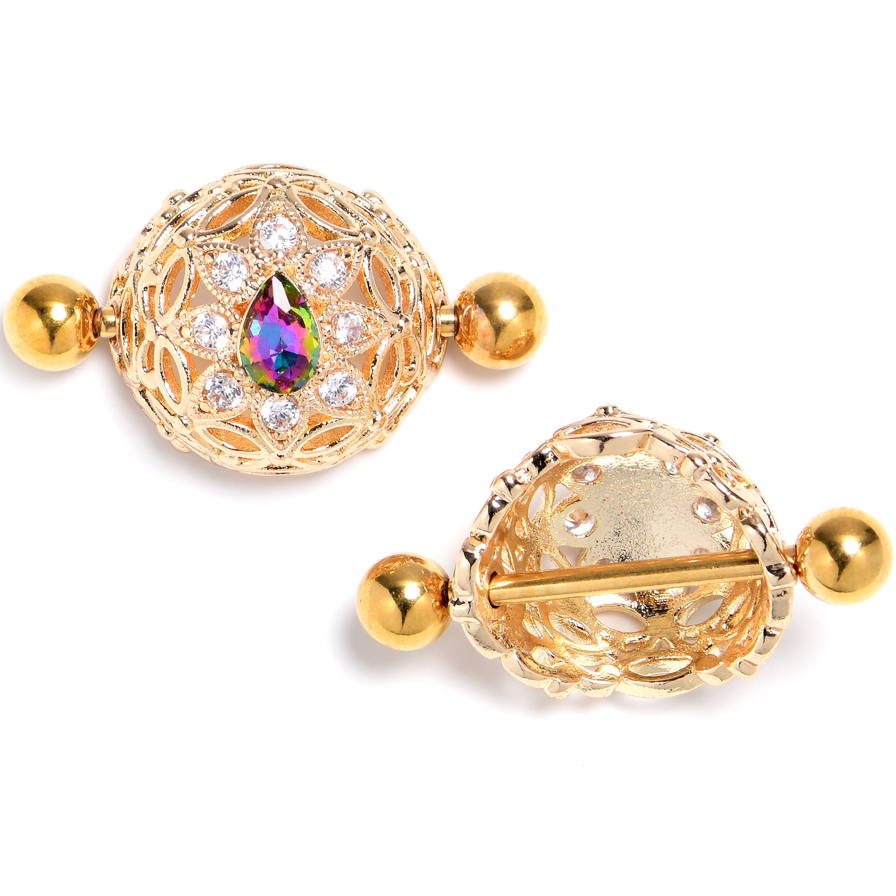 14G 9/16 Vitrail Gem Gold Tone Blossom Bloom Nipple Shield Set