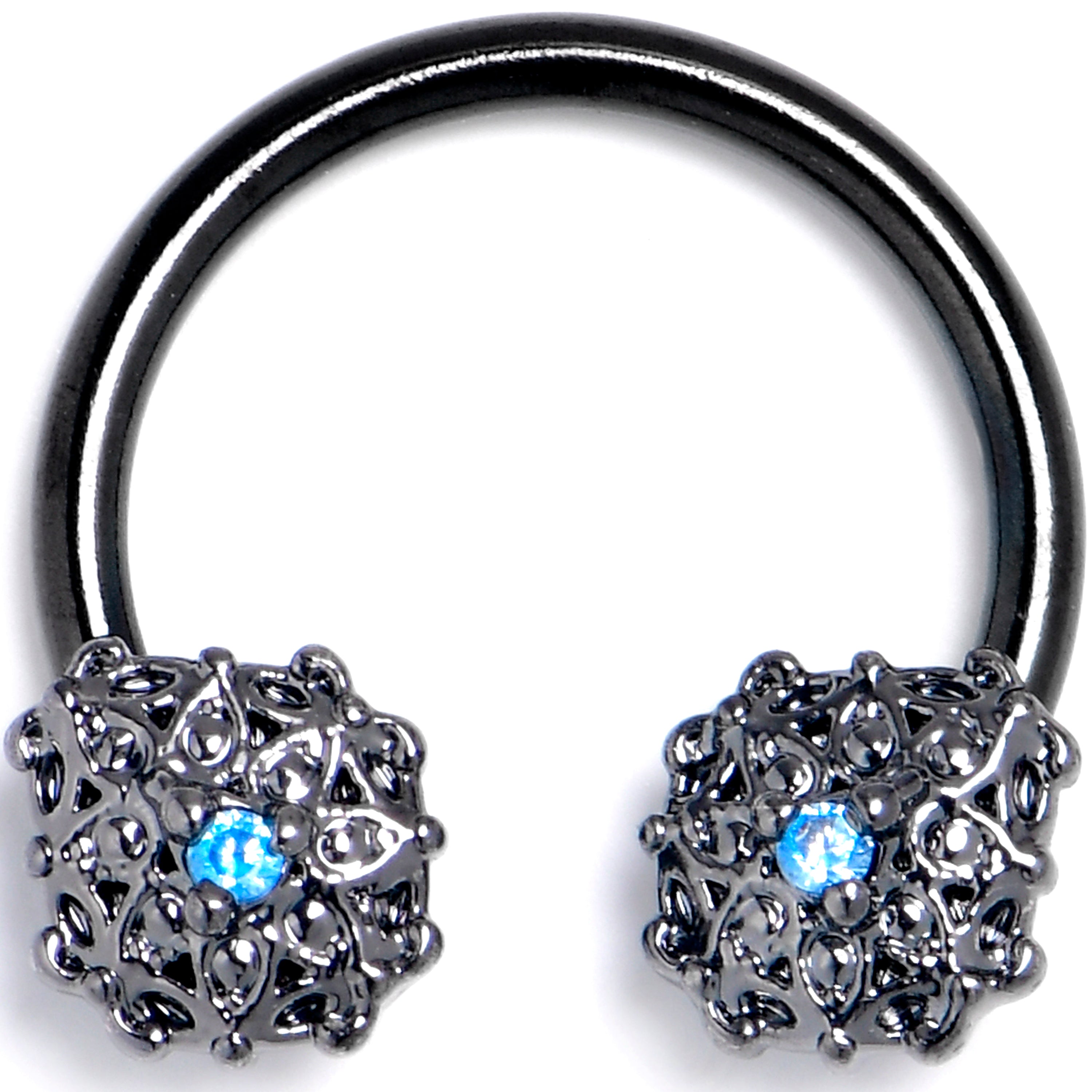 16G 3/8 Blue Gem Black Blossom Bloom Horseshoe Circular Barbell