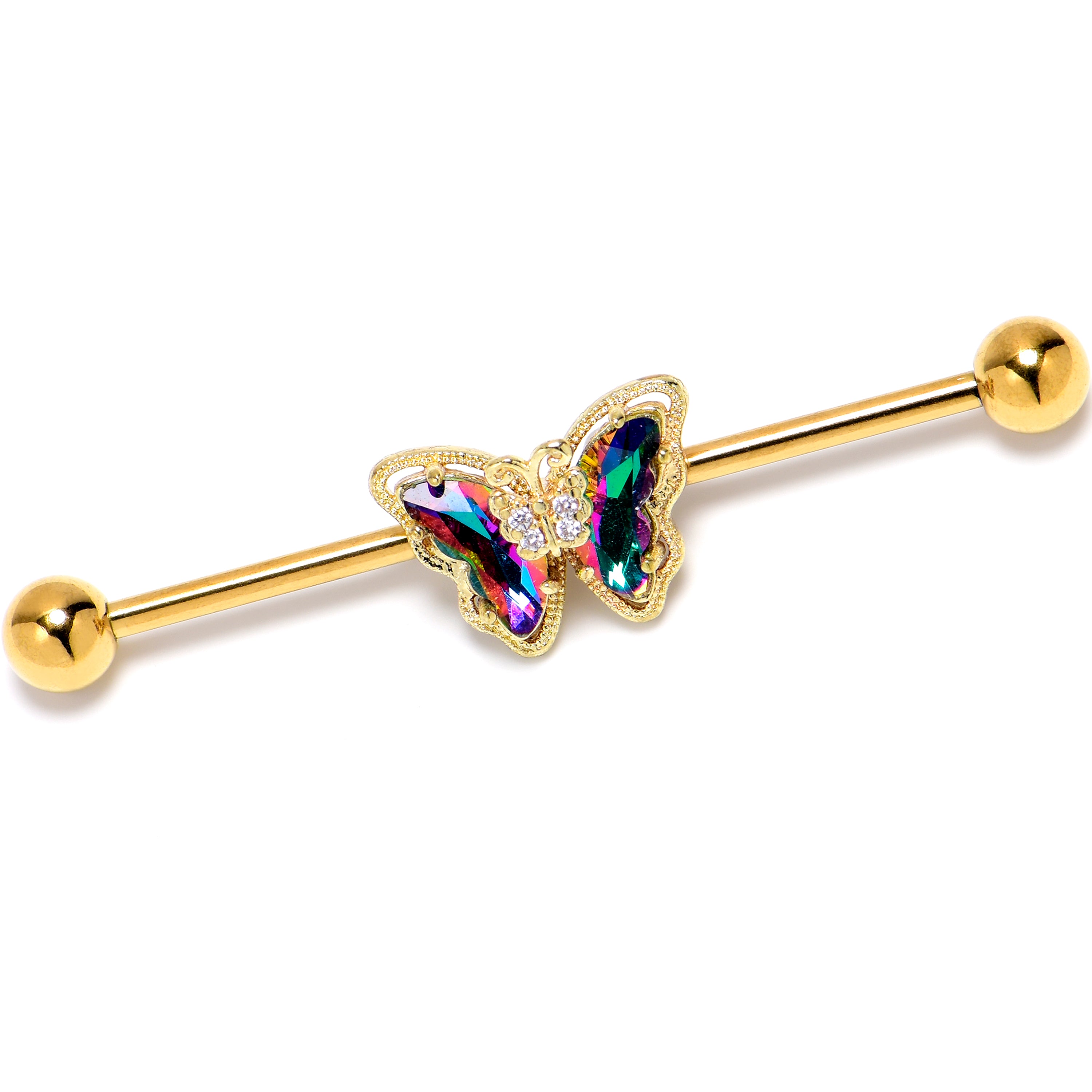 14G Vitrail Gem Gold Tone Classic Butterfly Industrial Barbell 38mm