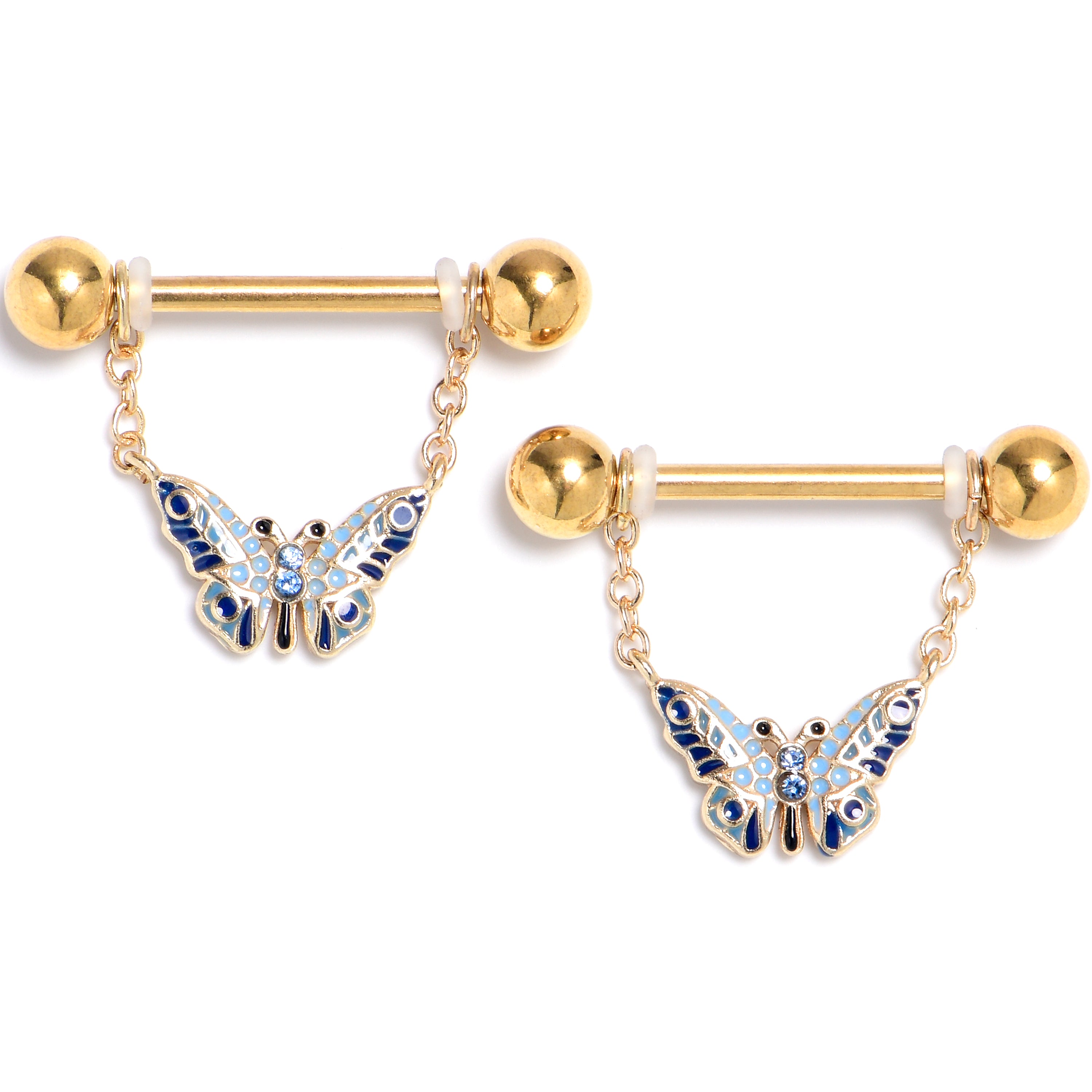 14G 9/16 Blue Gem Gold Tone Evening Butterfly Dangle Nipple Ring Set