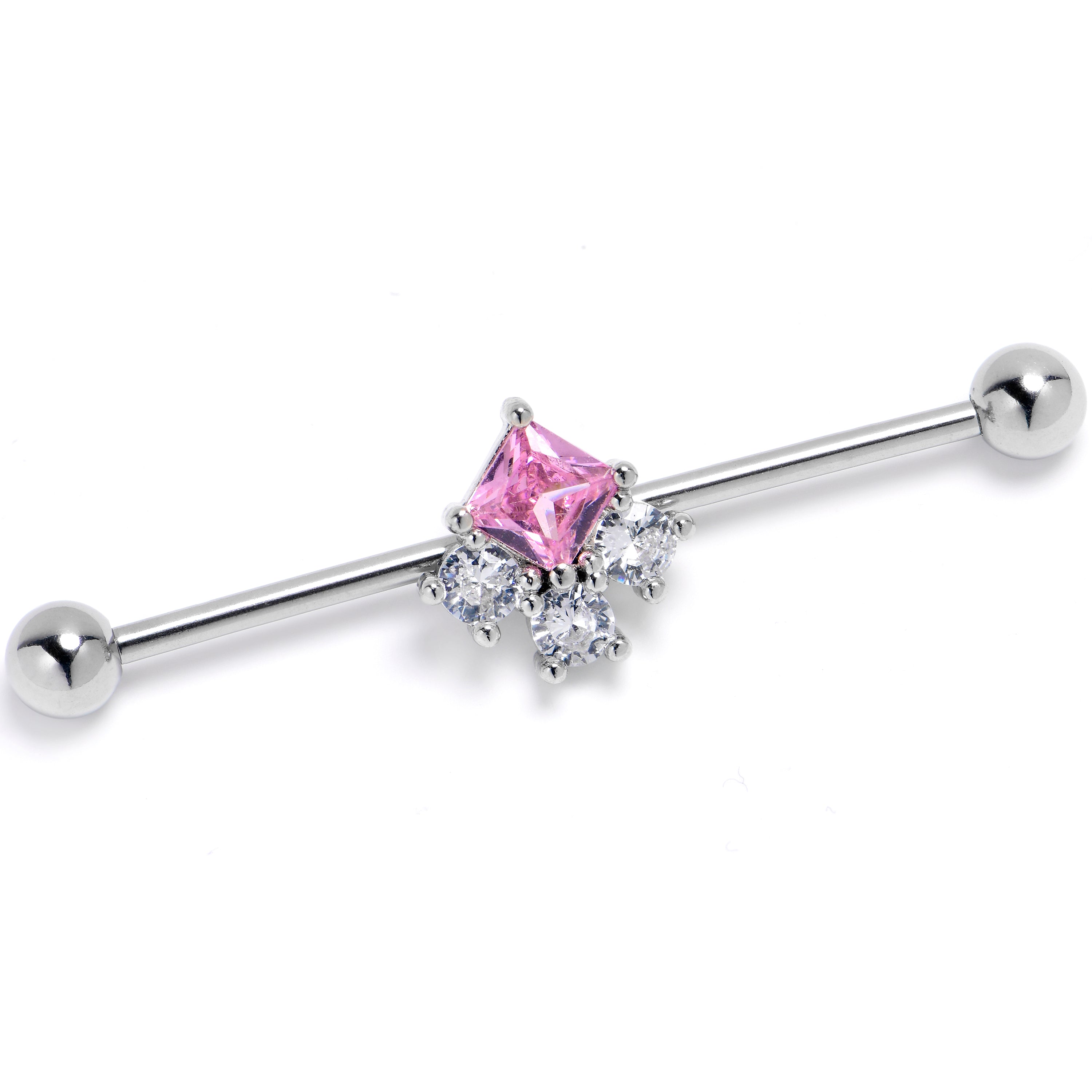 14G Pink CZ Gem Rhombus Riot Industrial Barbell 38mm