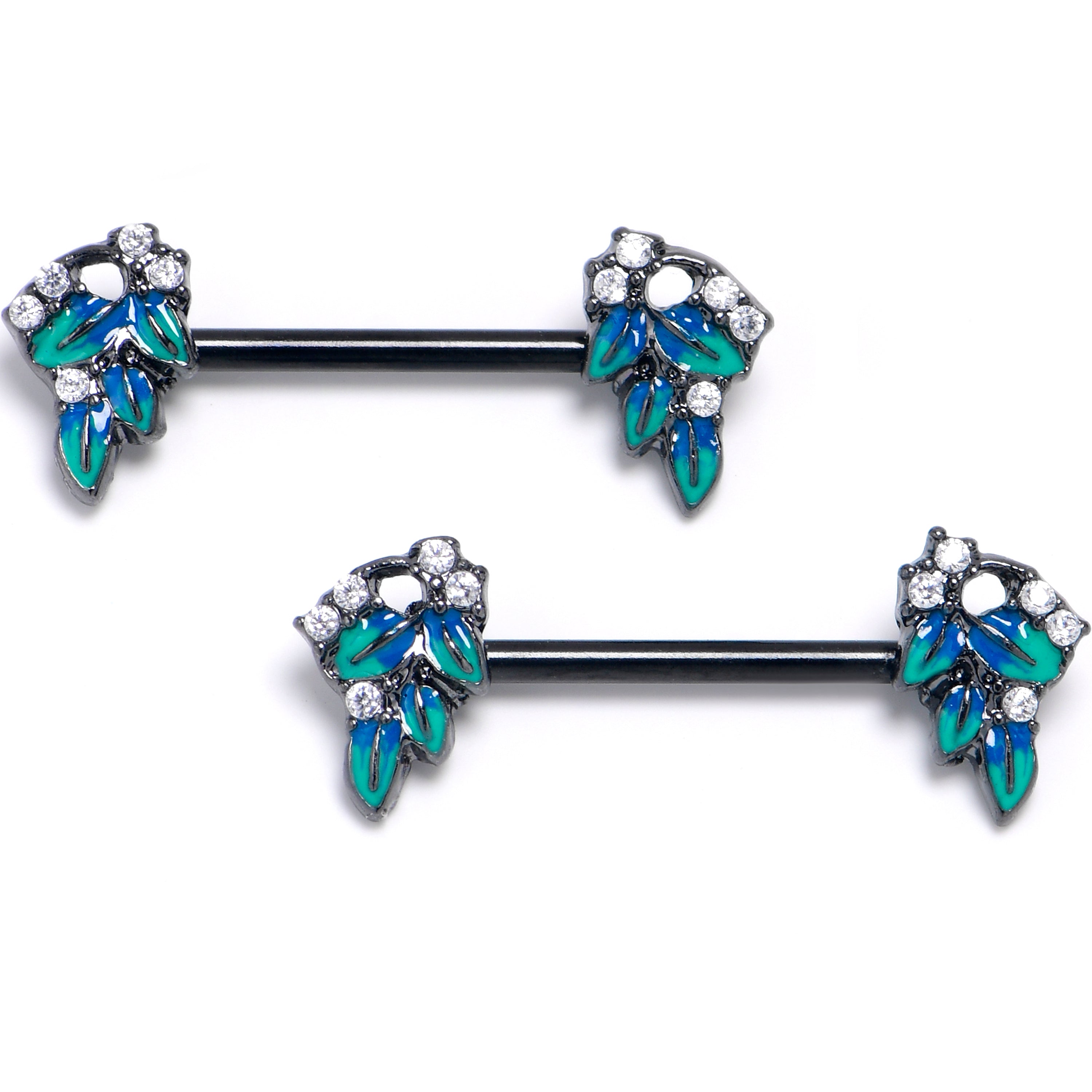 14G 9/16 Clear CZ Gem Black Lush Leaves Barbell Nipple Ring Set
