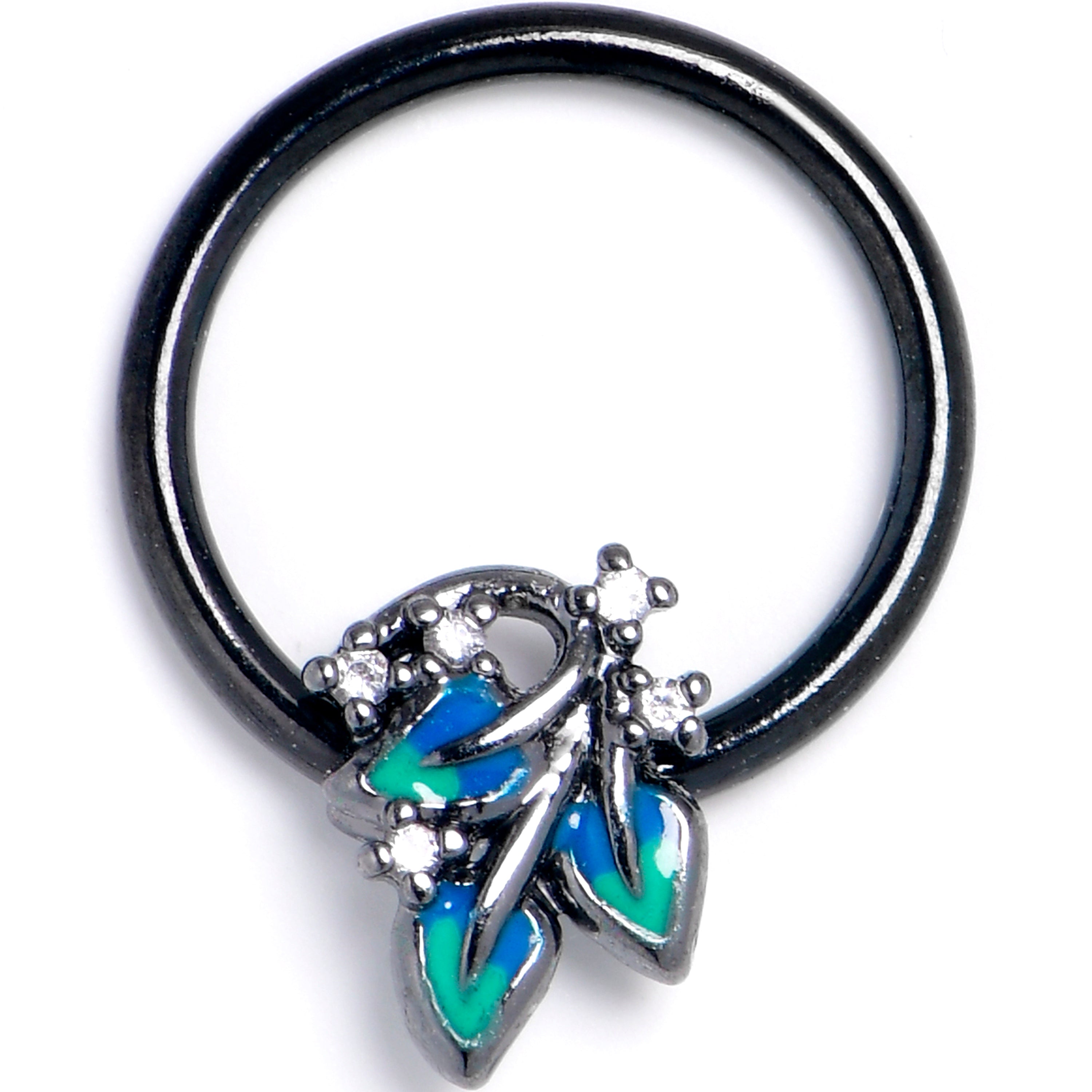 16G 3/8 Clear CZ Gem Black Lush Leaves BCR Captive Ring