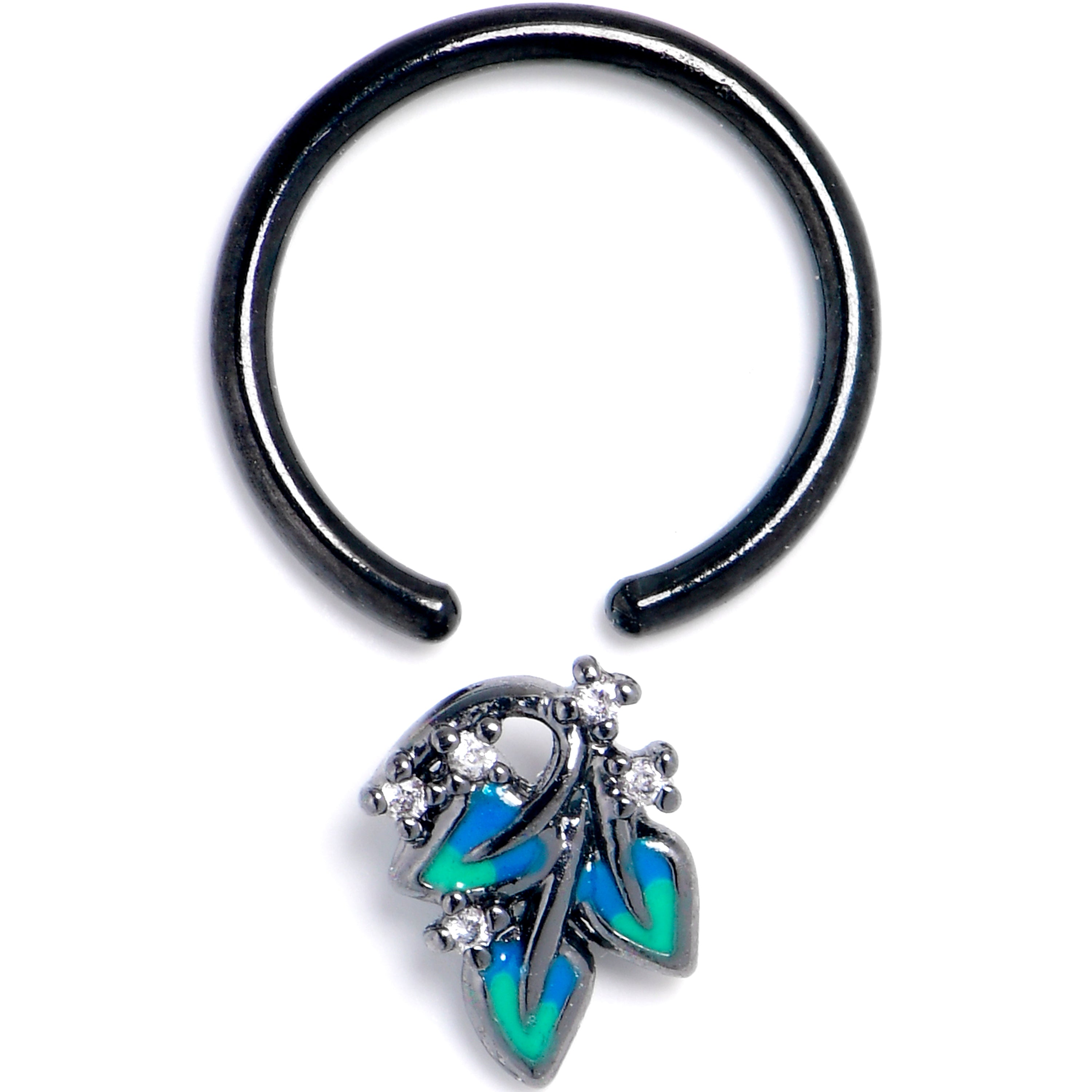 16G 3/8 Clear CZ Gem Black Lush Leaves BCR Captive Ring