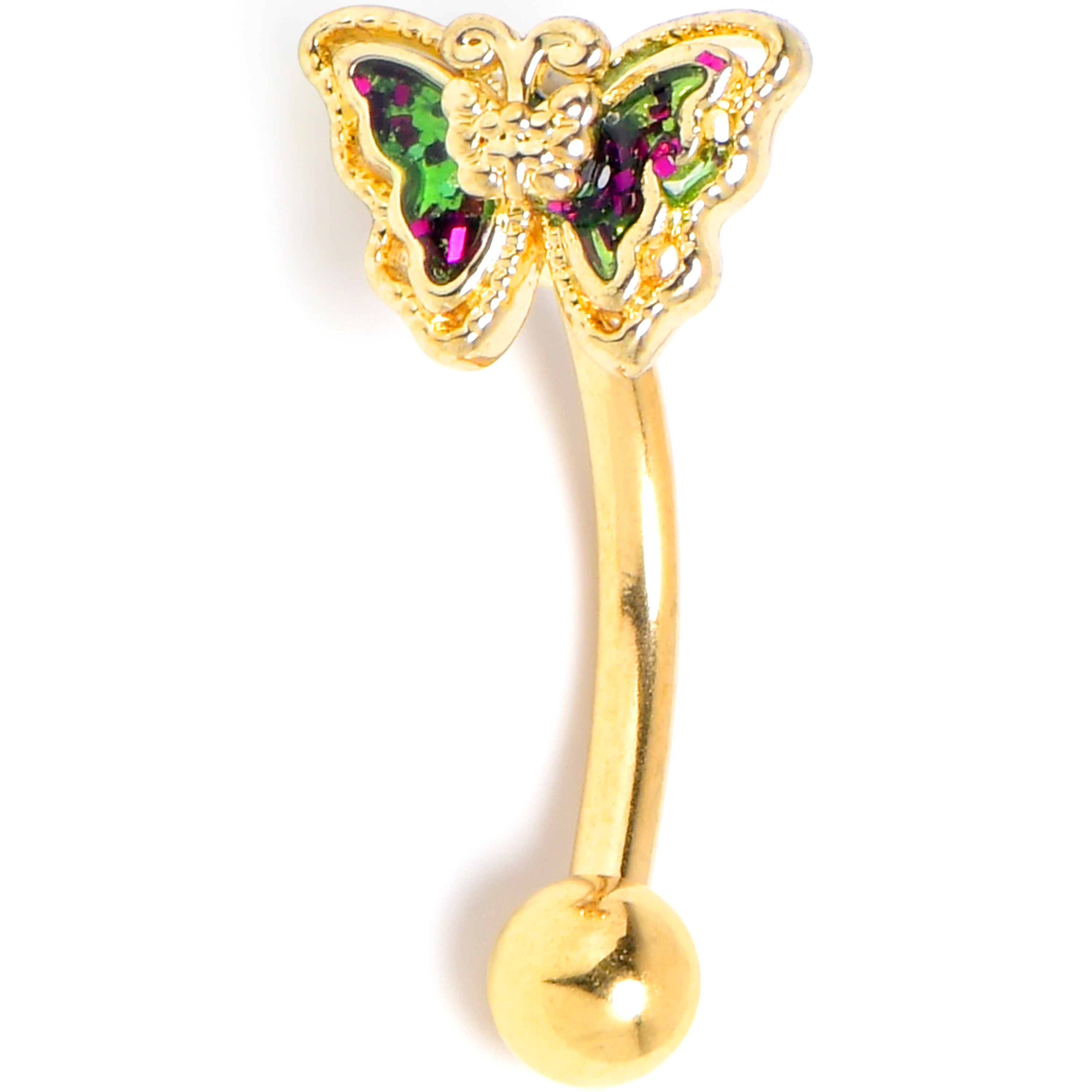 16G 5/16 Vitrail Gem Gold Tone Classic Butterfly Curved Eyebrow Ring