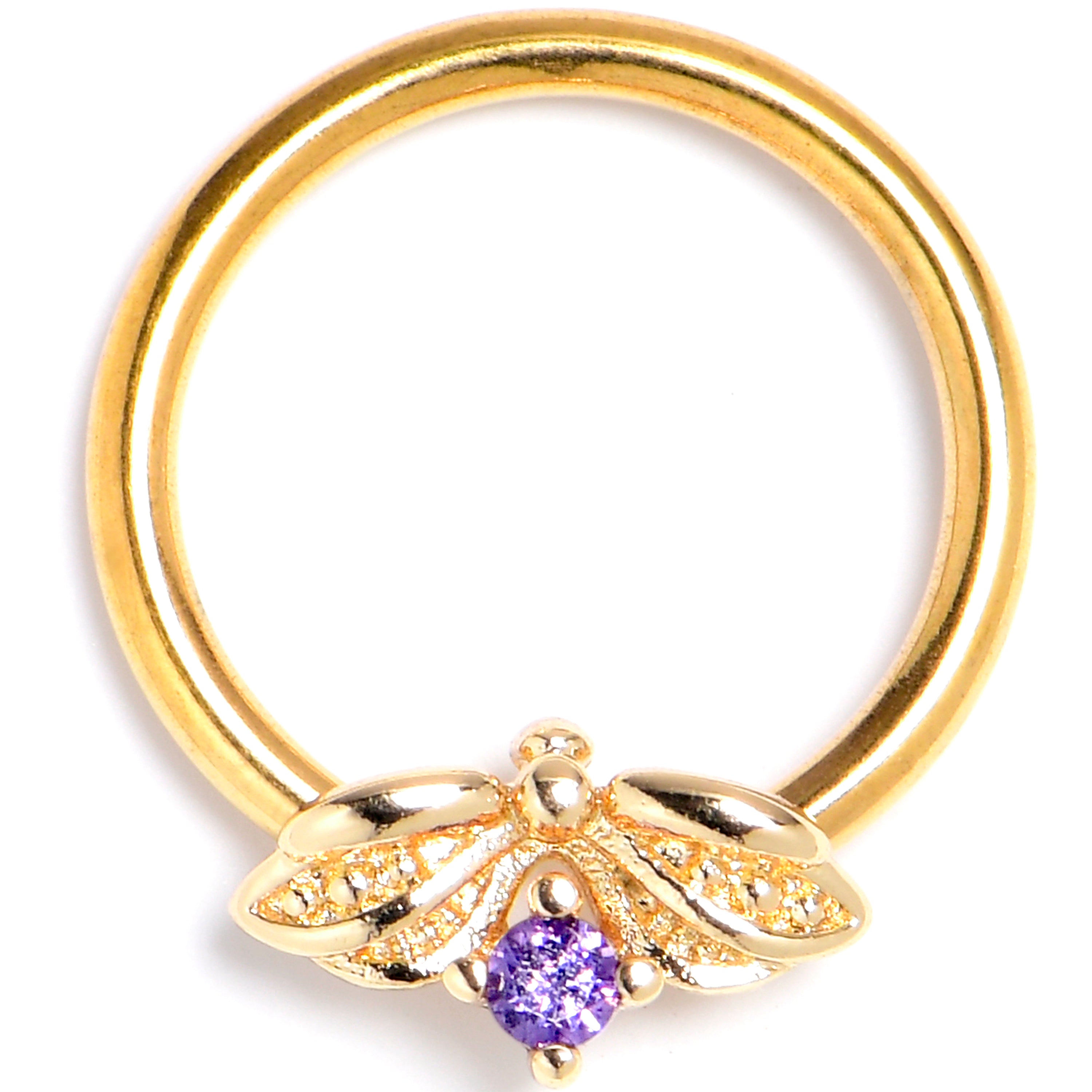 16G 3/8 Purple Gem Gold Tone Beauty Bug Insect BCR Captive Ring