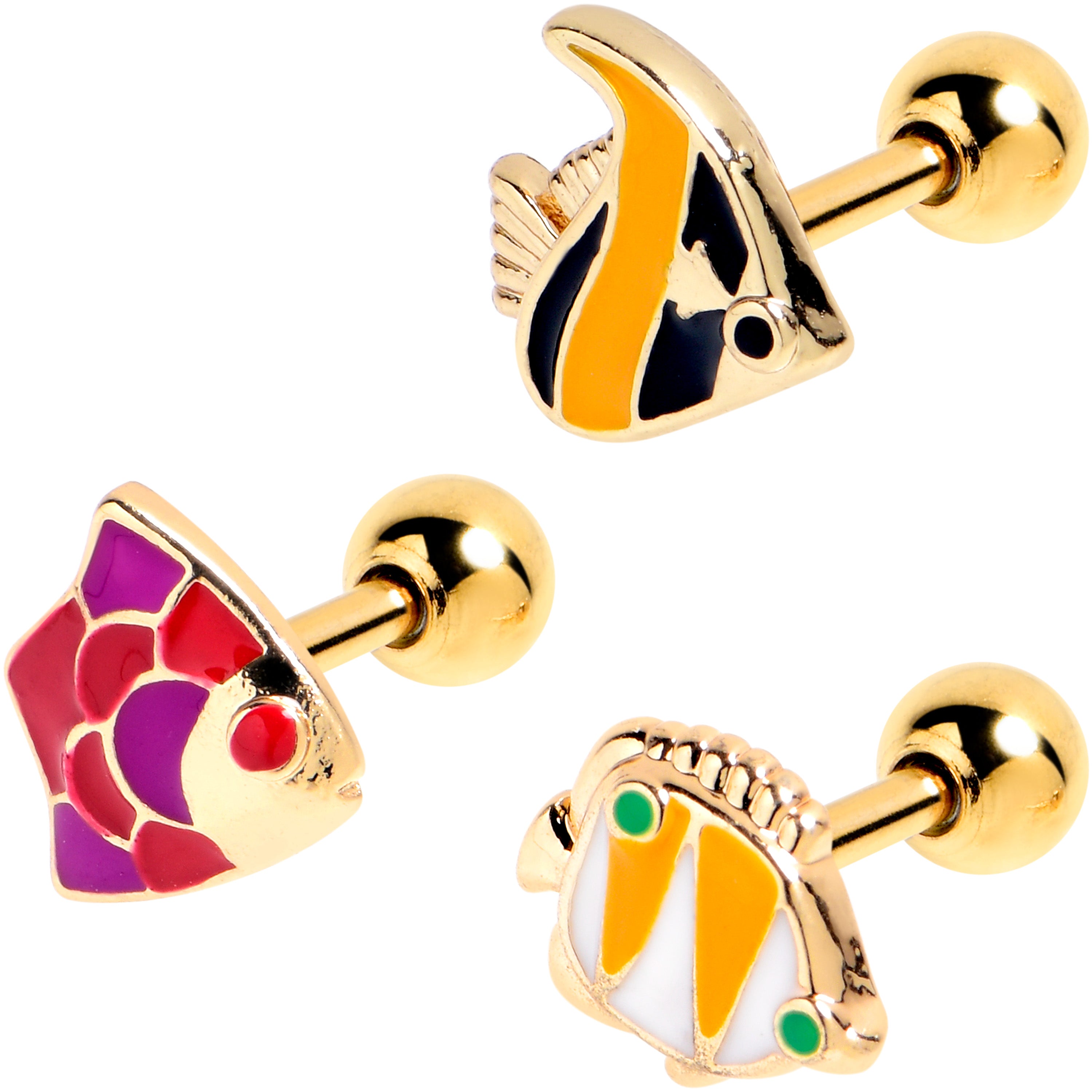 16G 1/4 Gold Tone Tropical Fish Cartilage Tragus Earring Set of 3