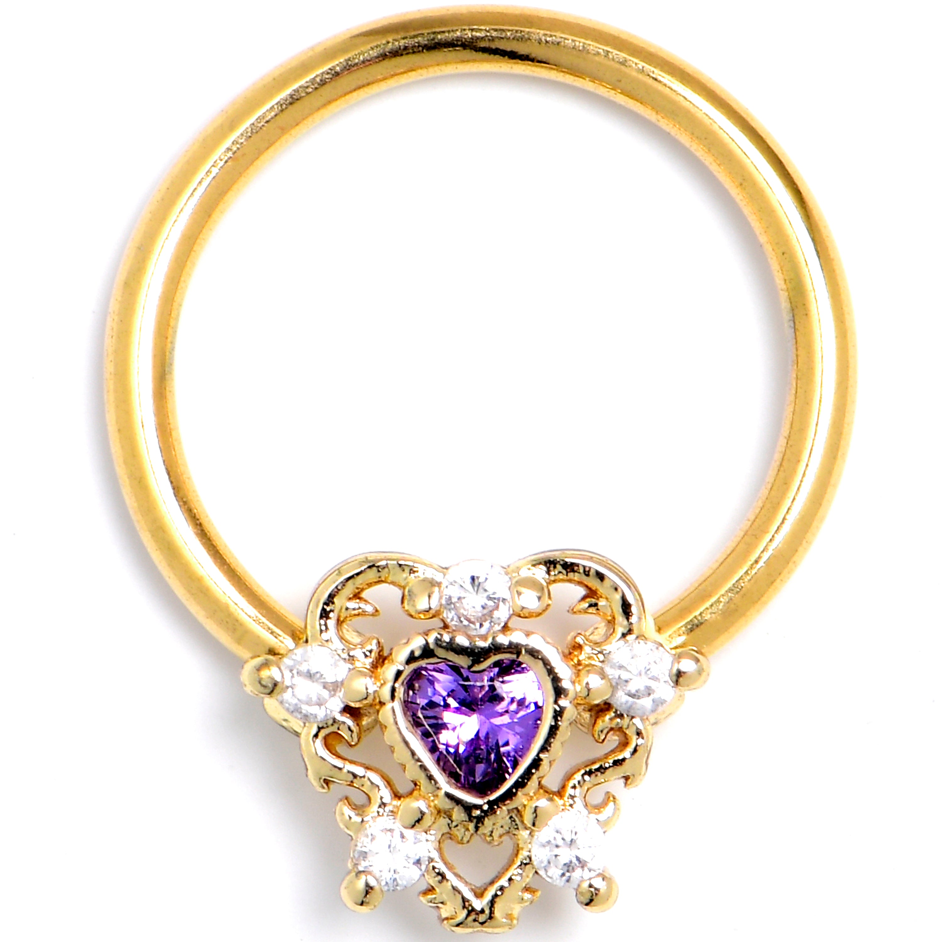 16G Purple CZ Gem Gold Tone Heart of Love BCR Captive Ring
