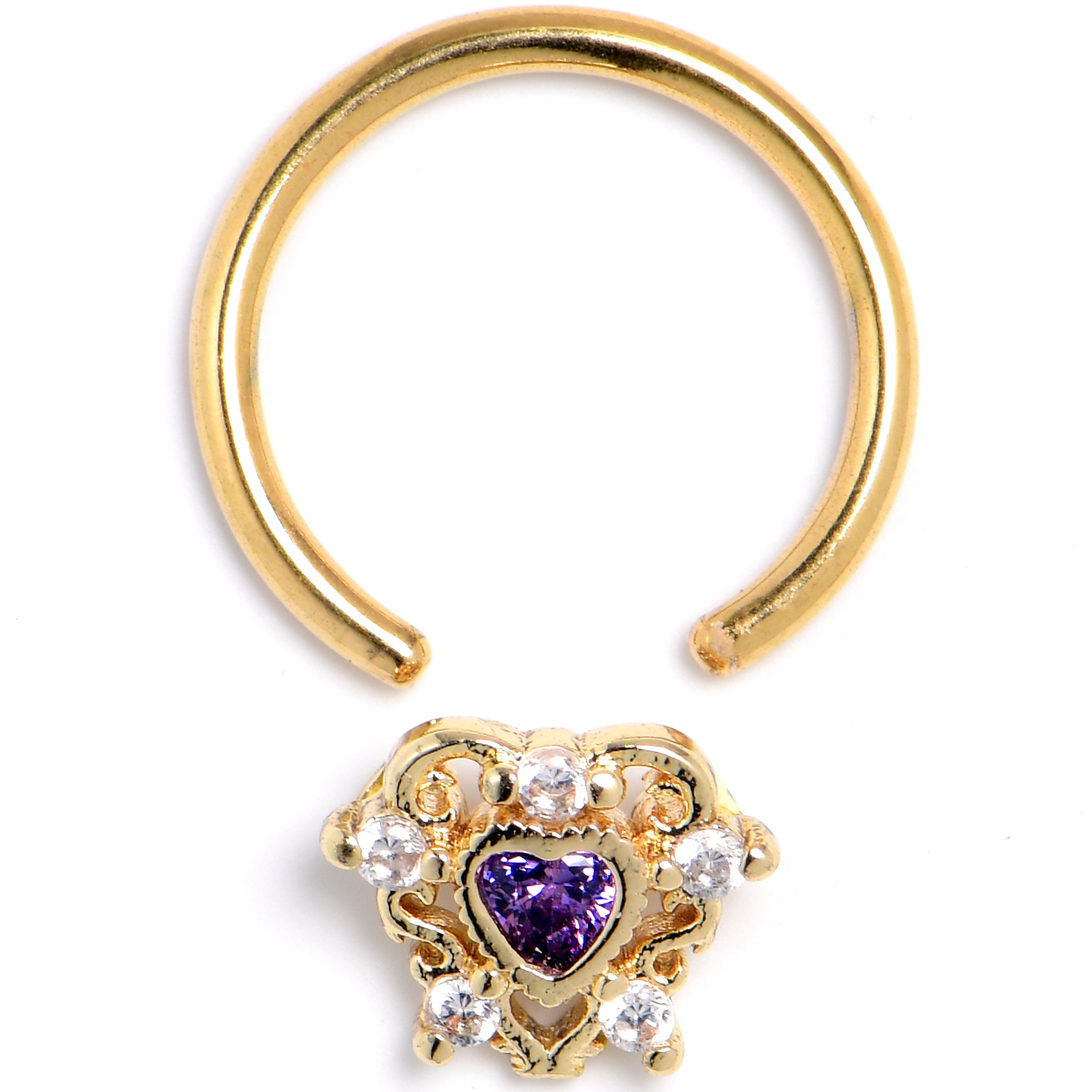 16G Purple CZ Gem Gold Tone Heart of Love BCR Captive Ring