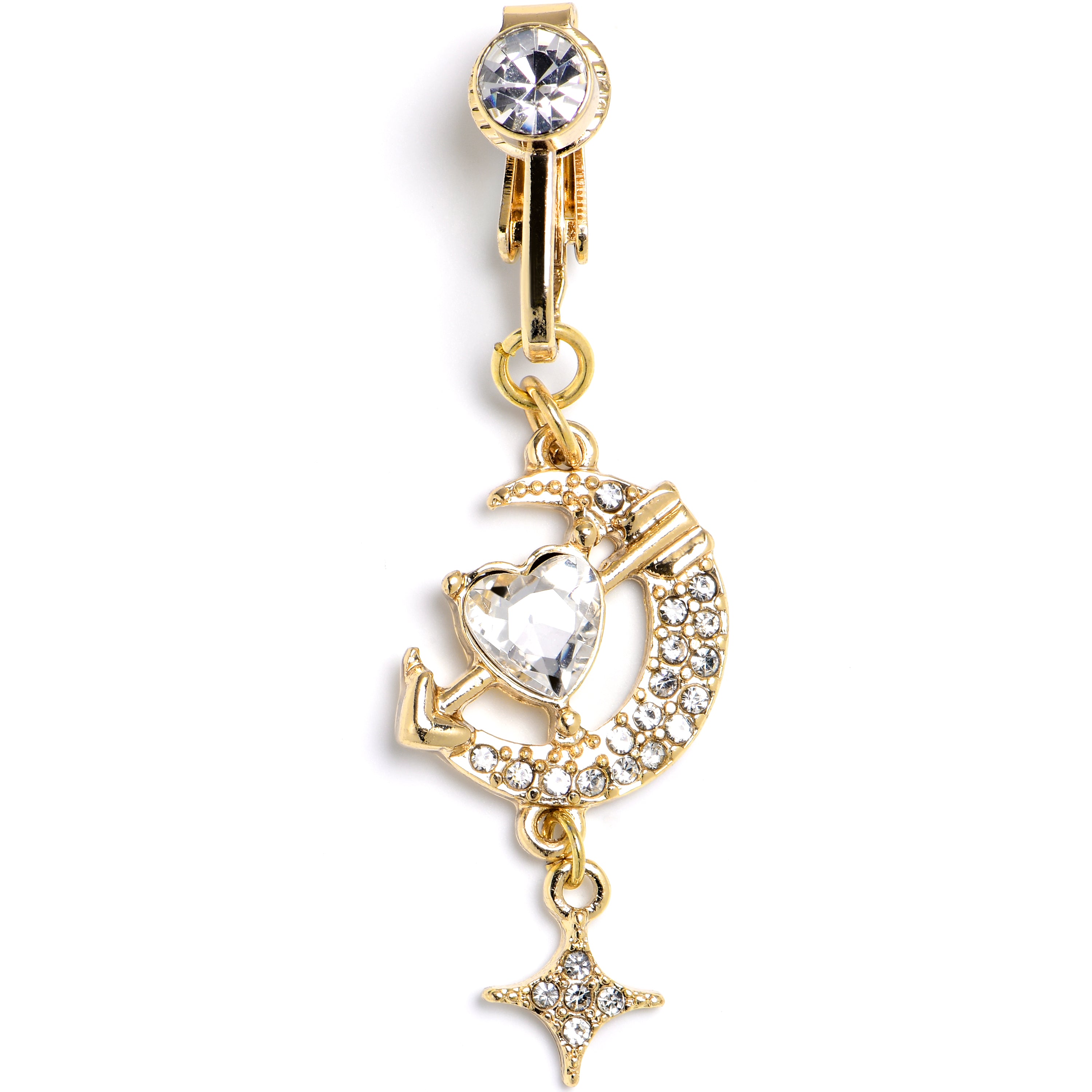 Clear Gem Gold Tone Moon Lover Dangle Clip On Fake Belly Ring