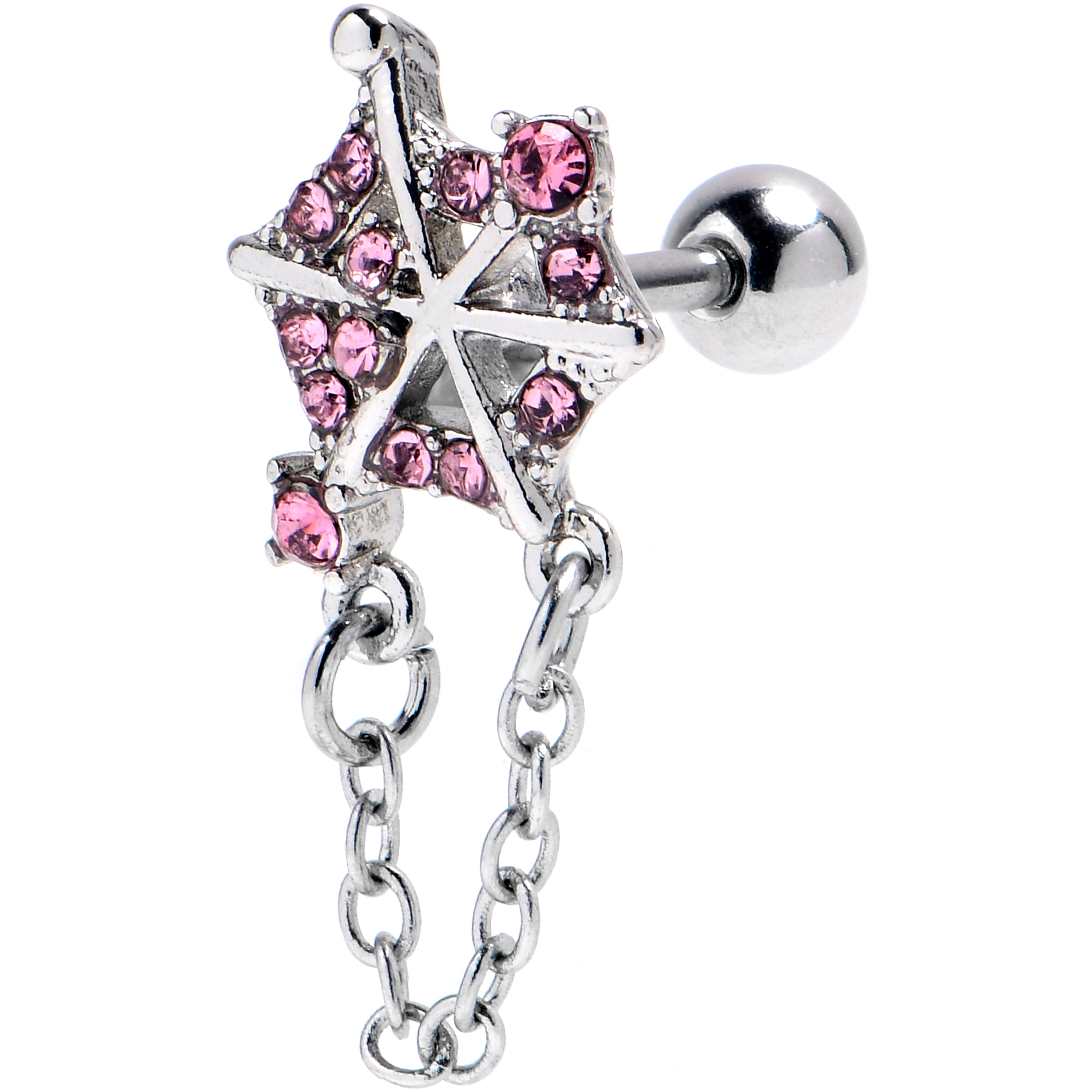 16G 1/4 Pink Gem Spiderweb Chain Dangle Cartilage Tragus Earring