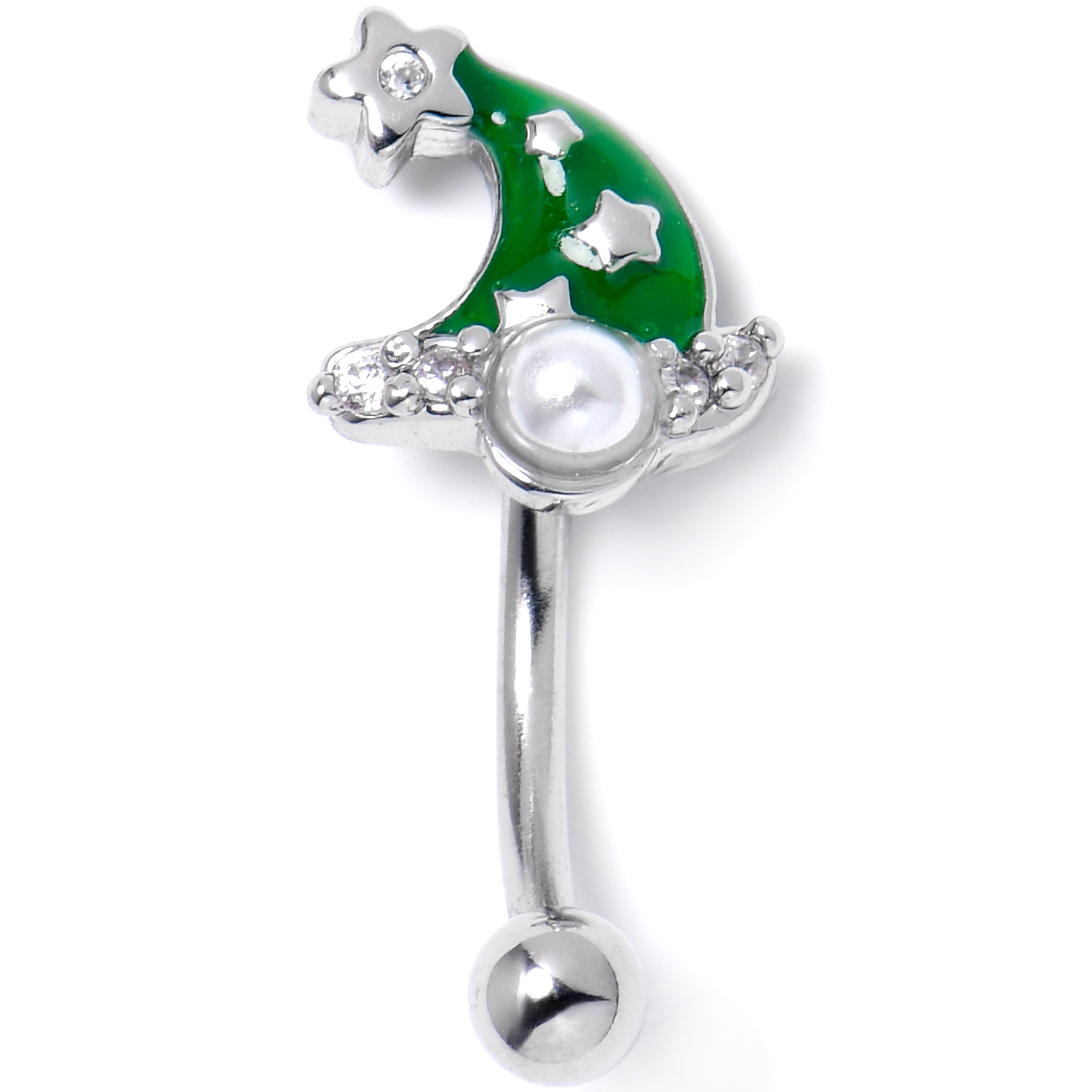 16G 5/16 Clear Gem Santa Hat Stars Green Curved Eyebrow Ring