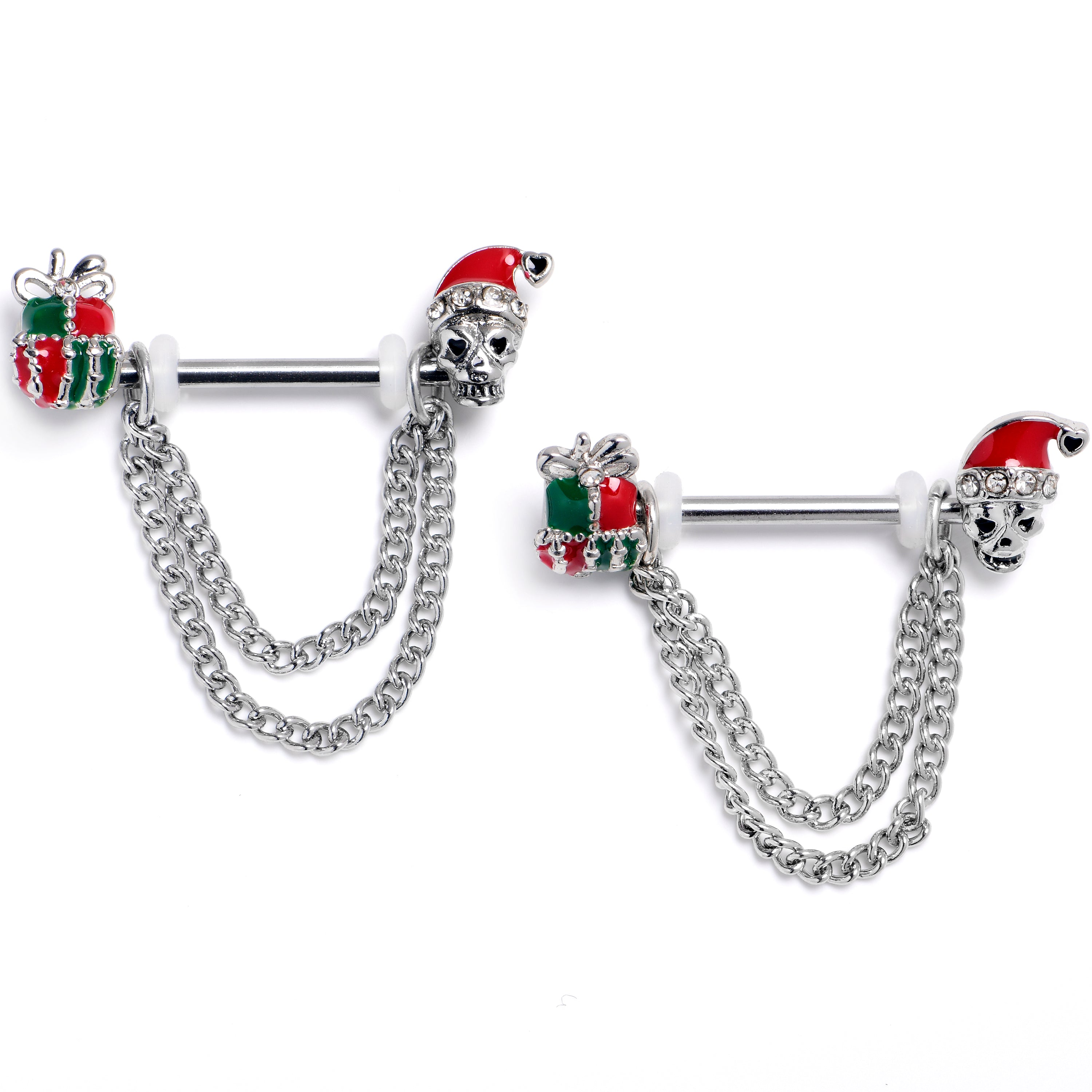 14G 9/16 Clear Gem Santa Skull Gift Chain Dangle Nipple Ring Set
