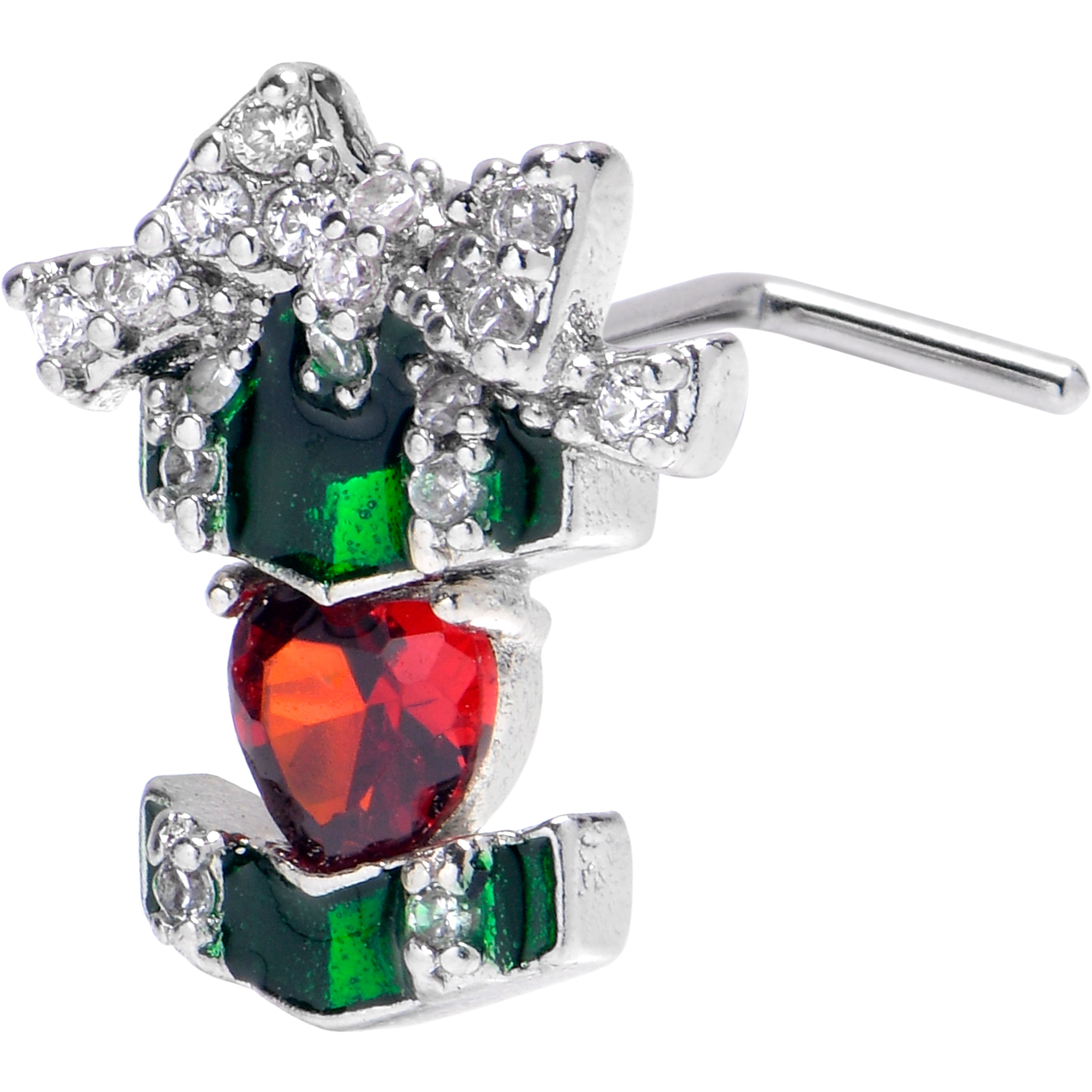 20G 7mm Red Green Gem Holiday Abstract Heart L Shape Nose Ring
