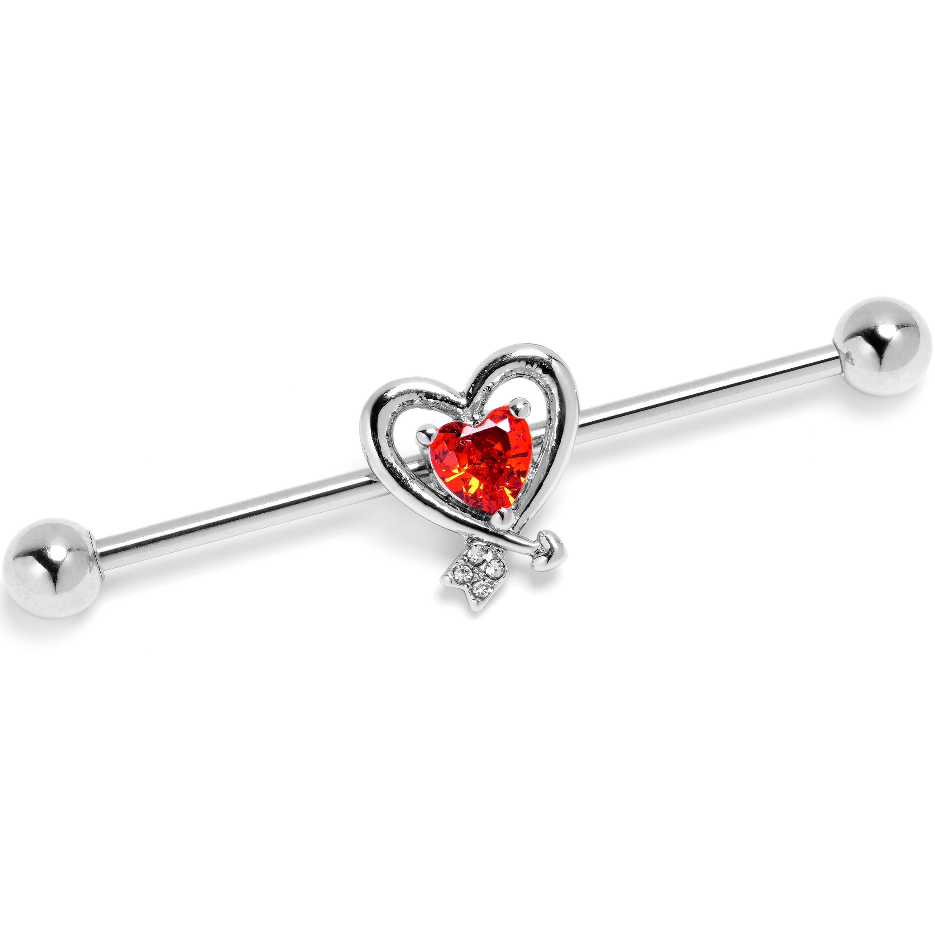 14G Red CZ Gem Wrapped in Heart Industrial Barbell 38mm