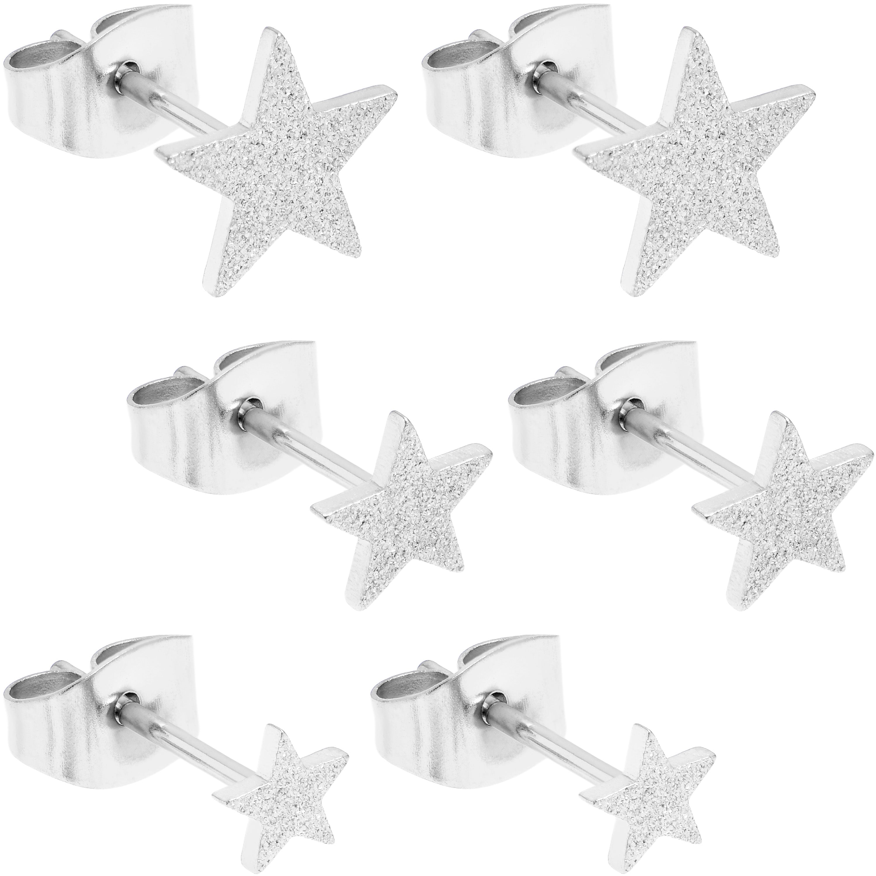 4mm-8mm Stars Stud 316L Stainless Steel Earrings 6 Pack