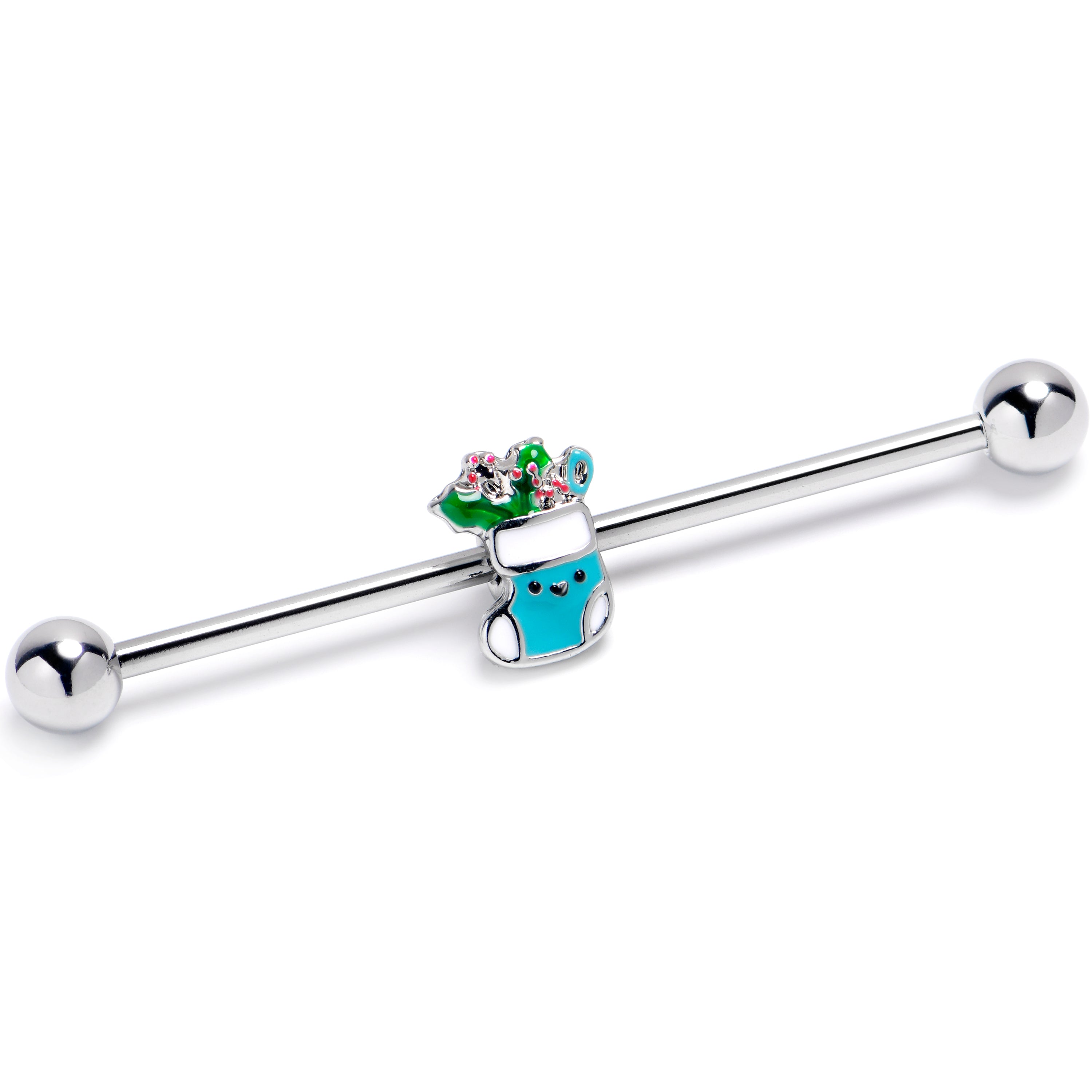 14G Festive Blue Christmas Stocking Industrial Barbell 38mm